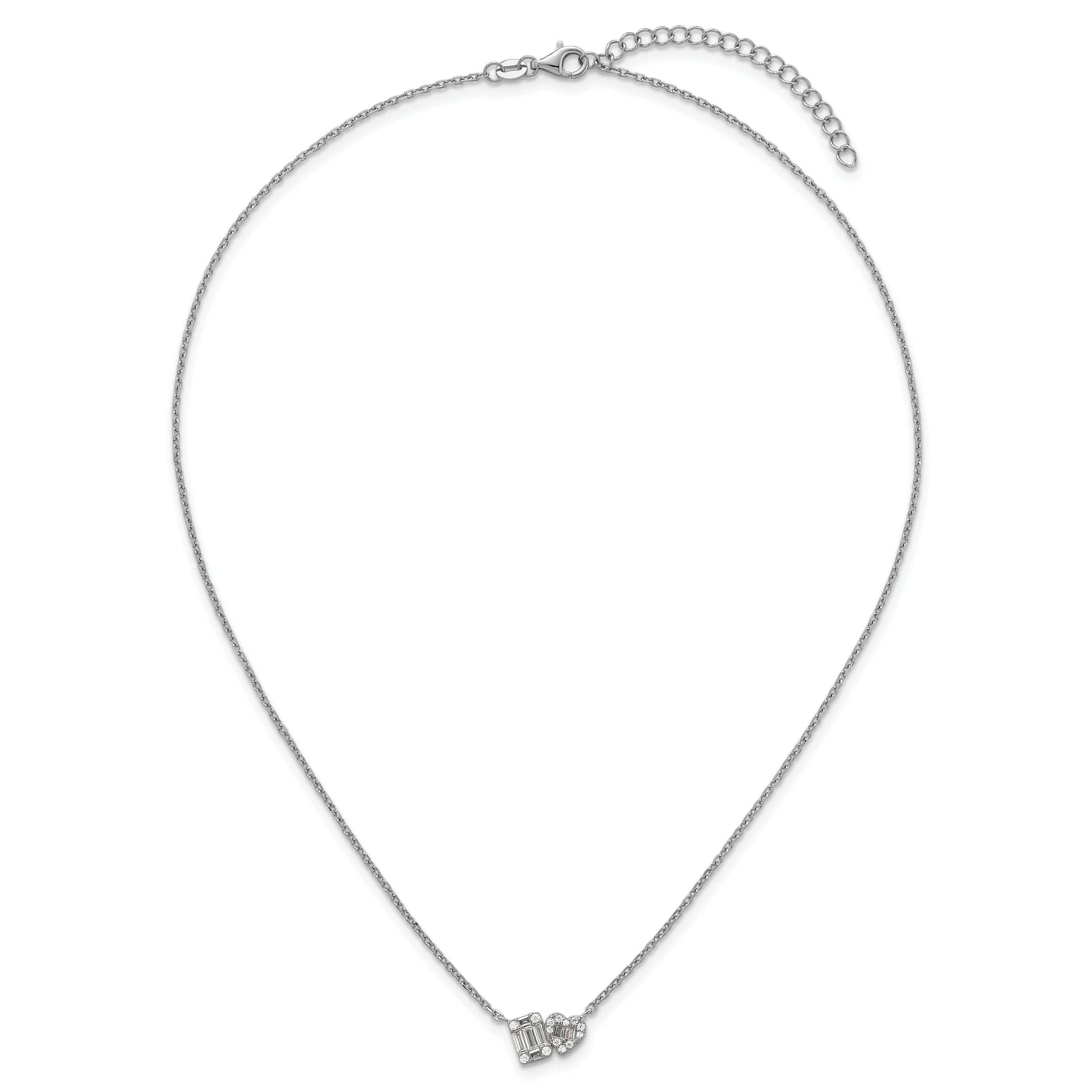 Sterling Silver Rhodium-plated Polished Heart and Rectangle with Round and Baguette CZ 16 Inch with 2 Inch Extension Necklace