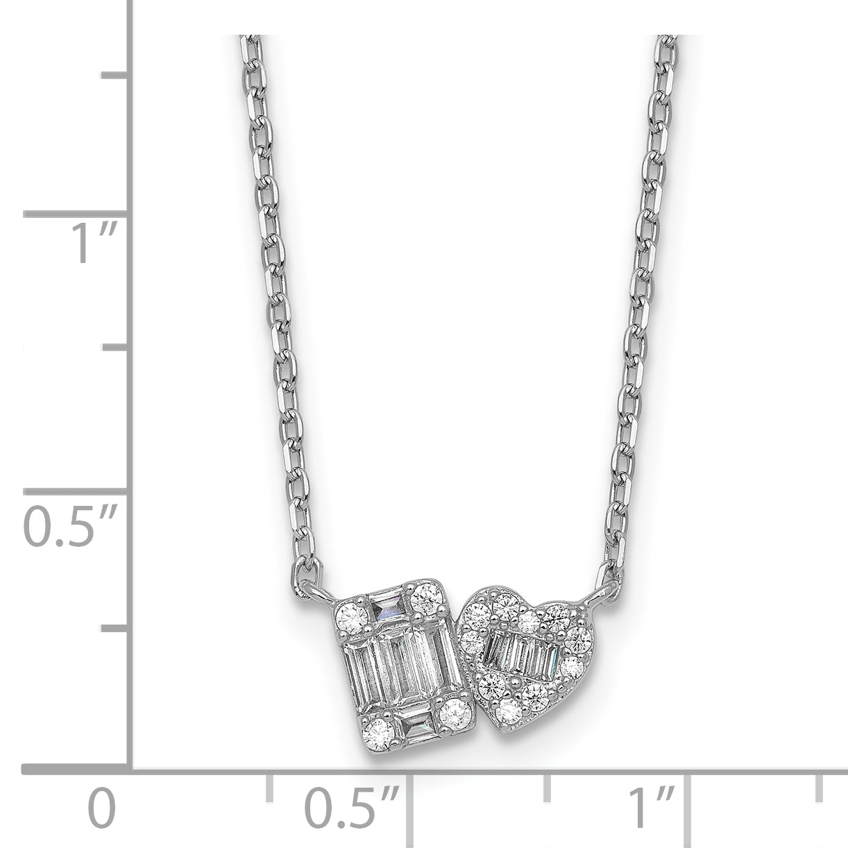 Sterling Silver Rhodium-plated Polished Heart and Rectangle with Round and Baguette CZ 16 Inch with 2 Inch Extension Necklace