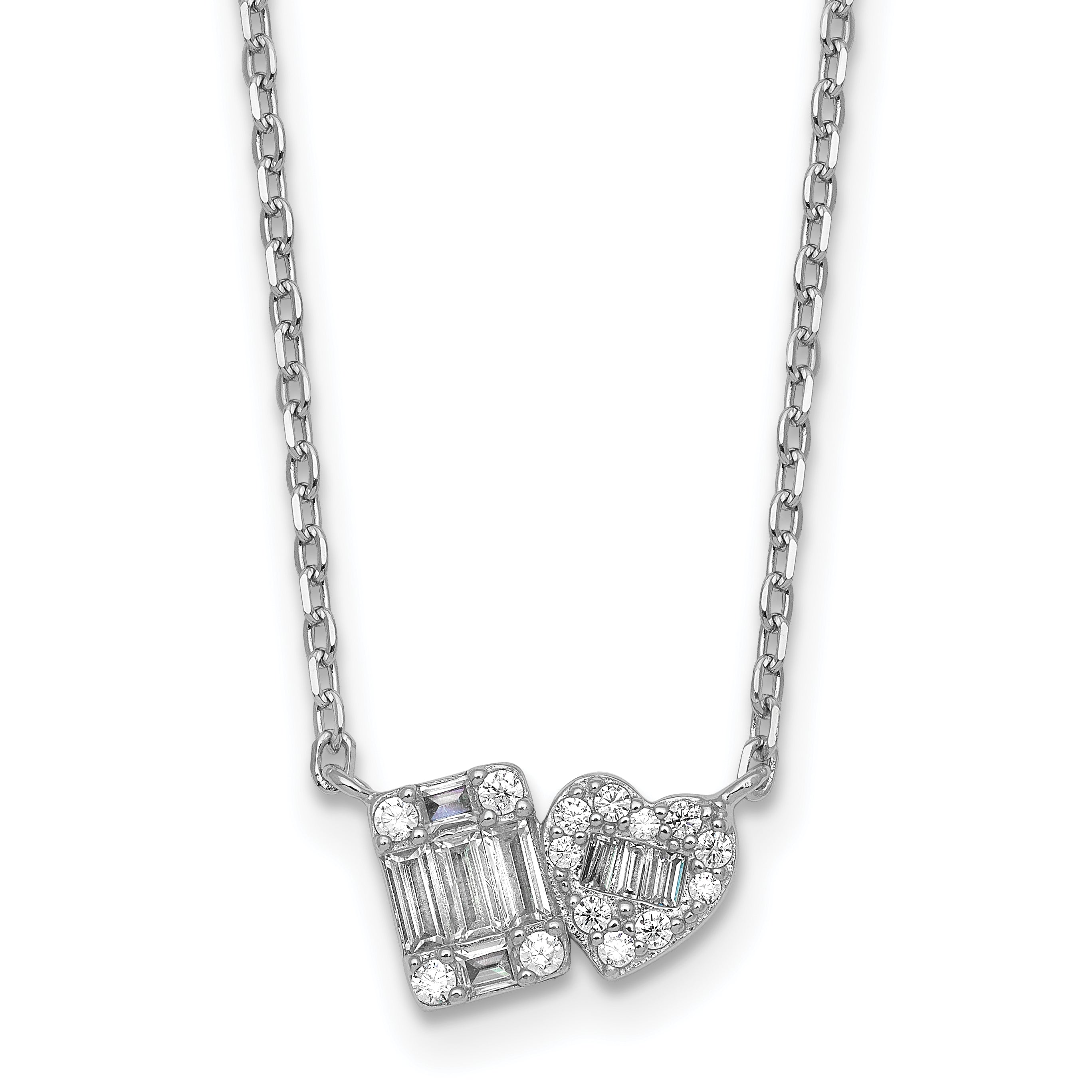 Sterling Silver Rhodium-plated Polished Heart and Rectangle with Round and Baguette CZ 16 Inch with 2 Inch Extension Necklace Main image