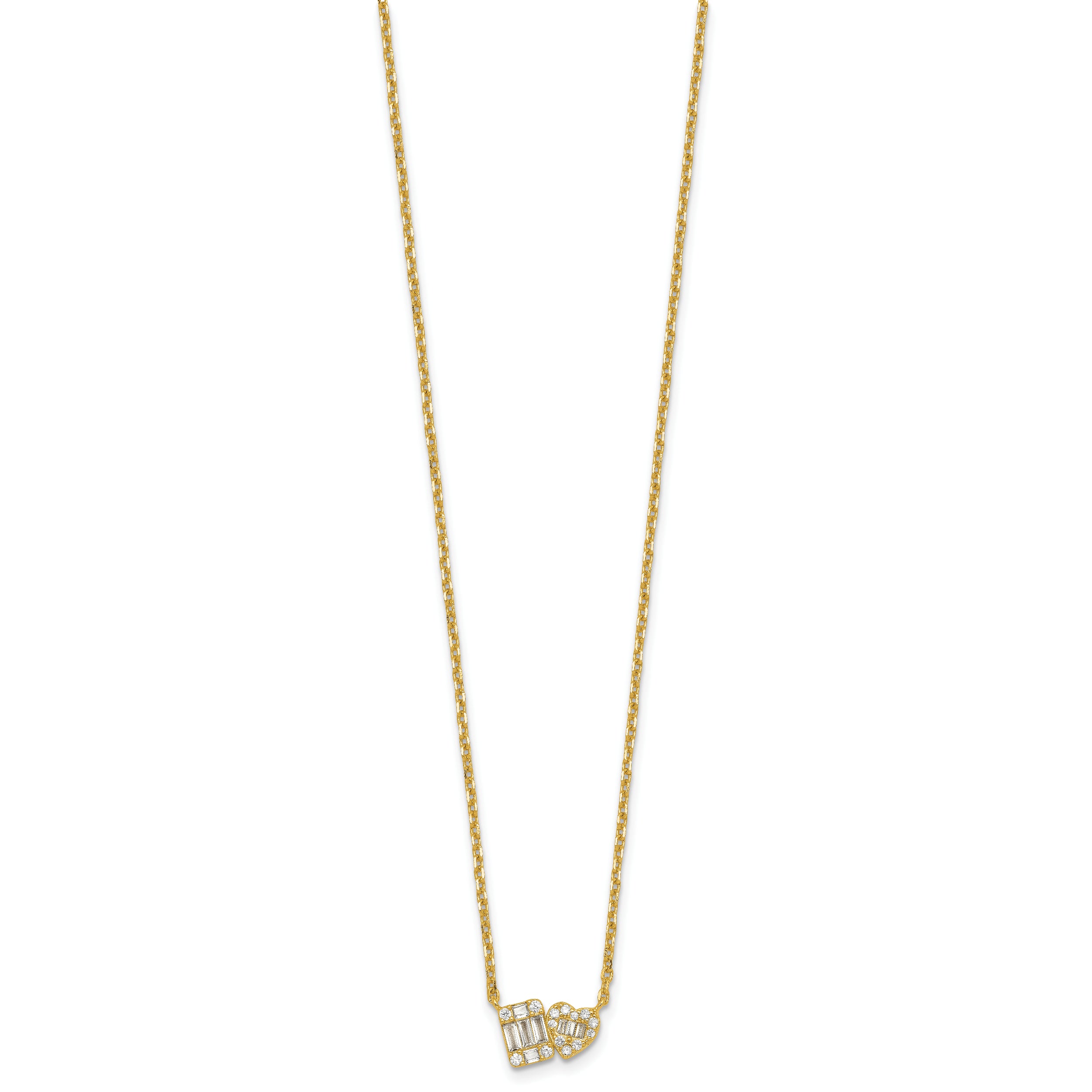 Sterling Silver Gold-tone Polished Heart and Rectangle with Round and Baguette CZ 16 Inch with 2 Inch Extension Necklace