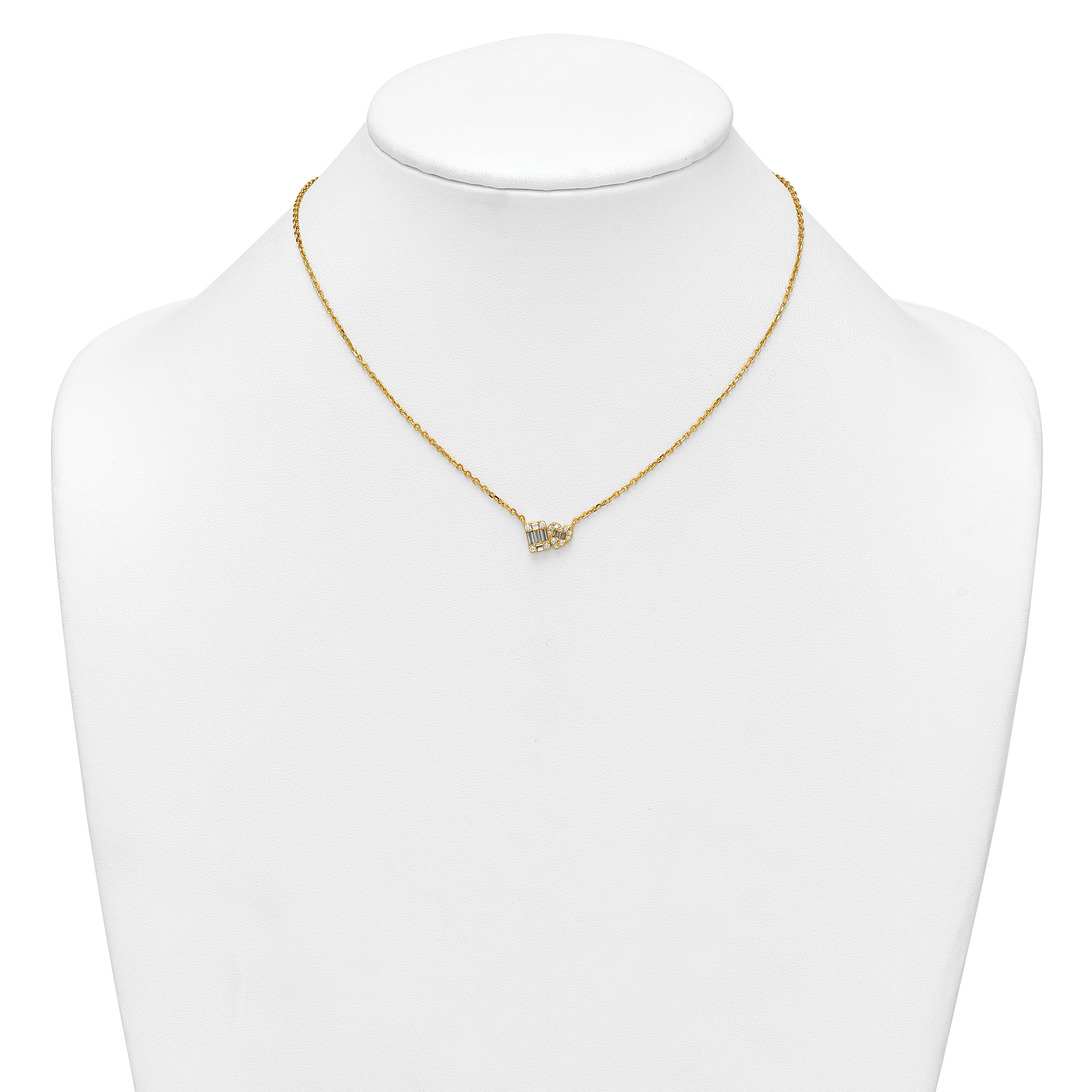 Sterling Silver Gold-tone Polished Heart and Rectangle with Round and Baguette CZ 16 Inch with 2 Inch Extension Necklace
