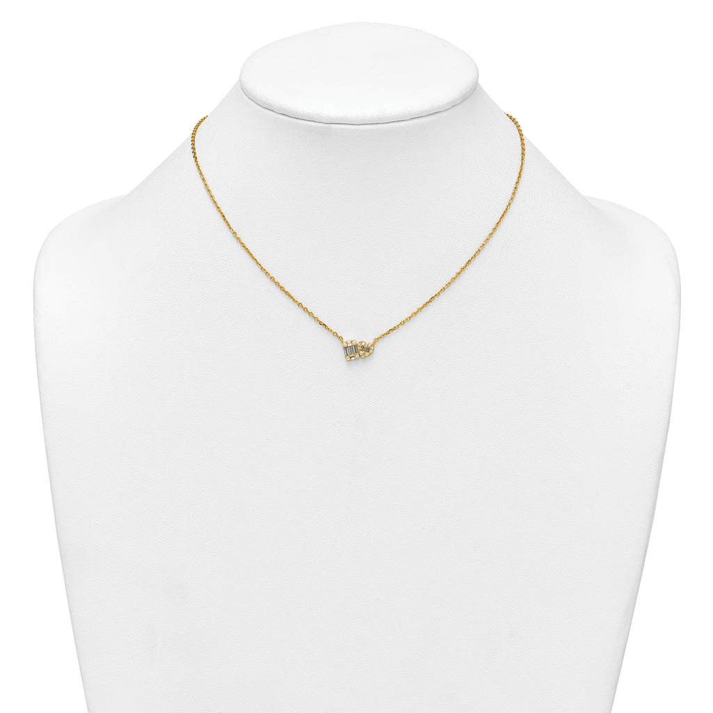 Sterling Silver Gold-tone Polished Heart and Rectangle with Round and Baguette CZ 16 Inch with 2 Inch Extension Necklace