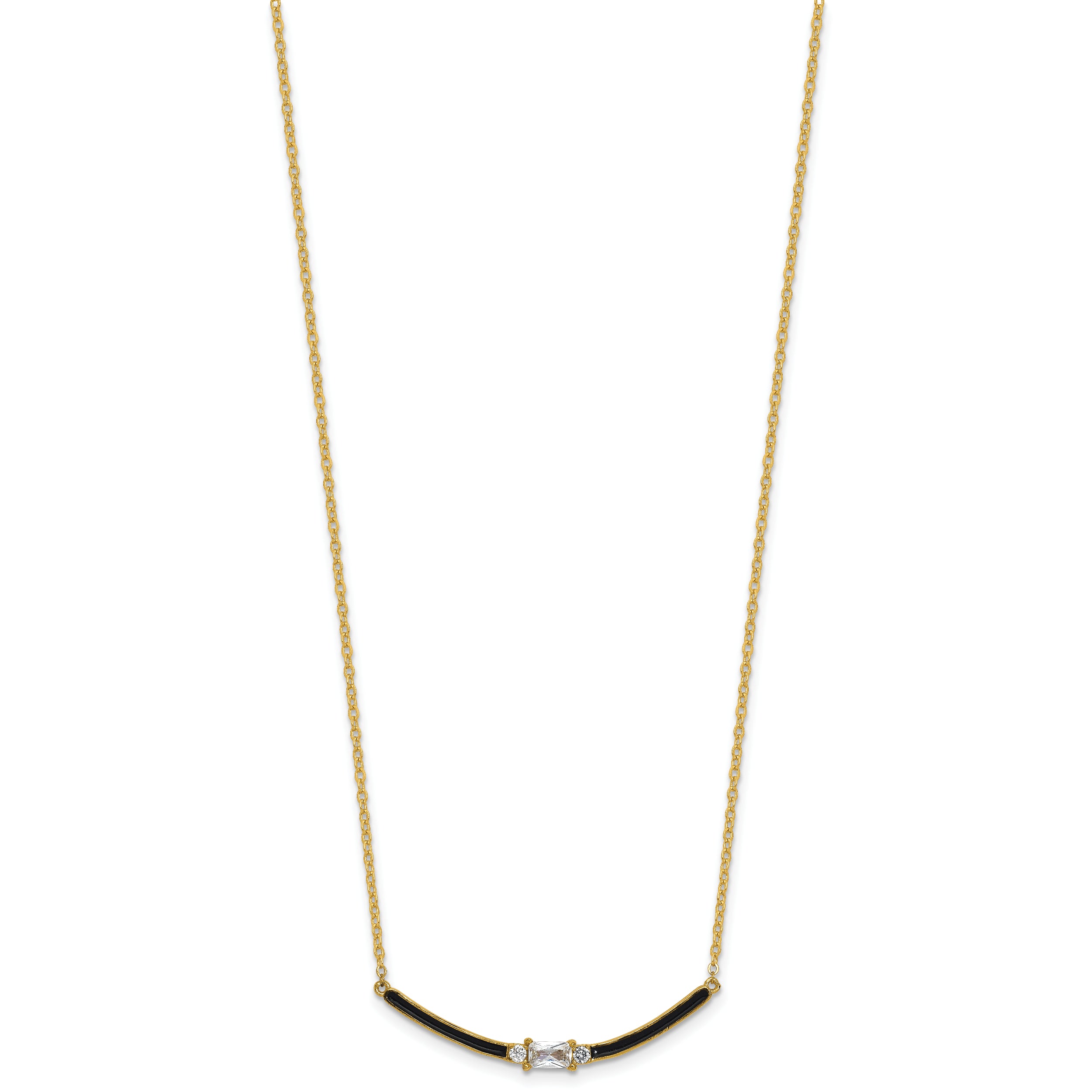 Sterling Silver Gold-tone Polished Black Enameled and CZ Curved Bar 16 Inch with 2 Inch Extension Necklace