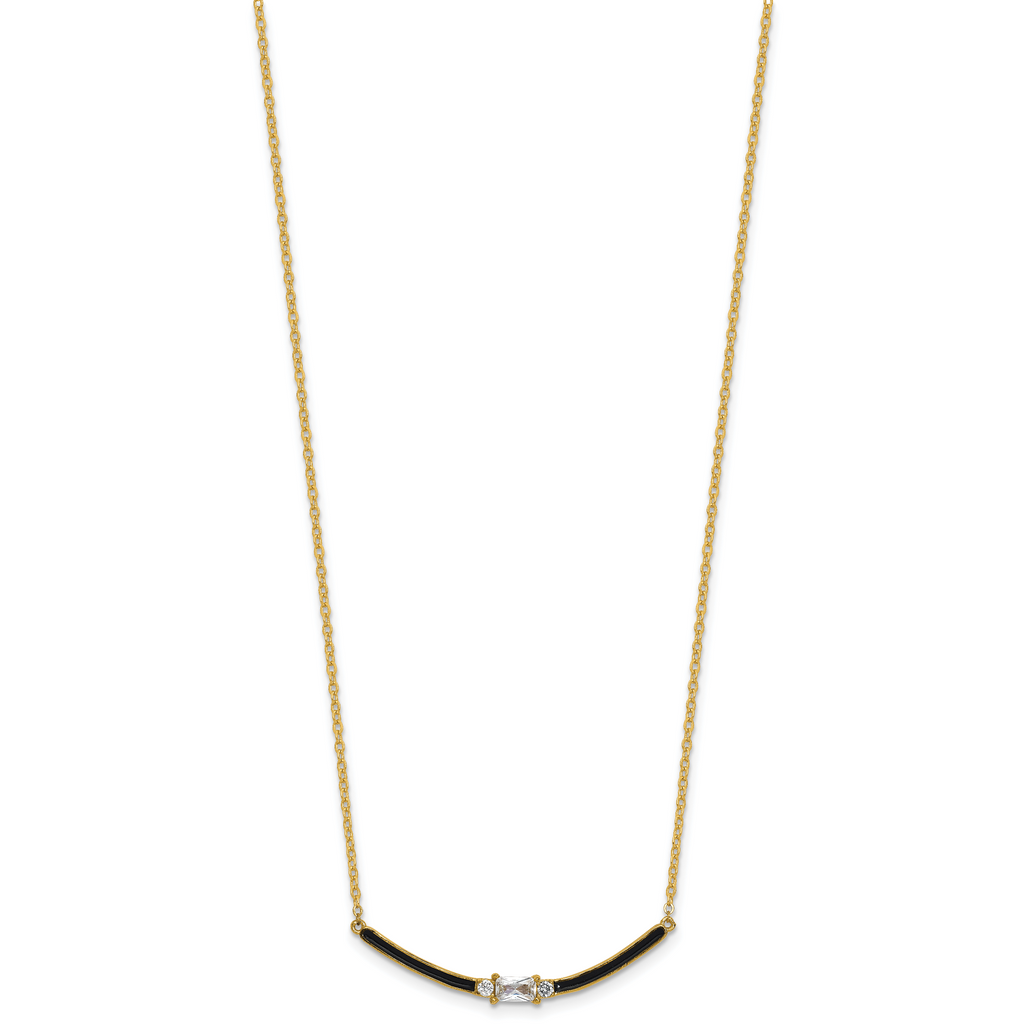 Sterling Silver Gold-tone Polished Black Enameled and CZ Curved Bar 16 Inch with 2 Inch Extension Necklace