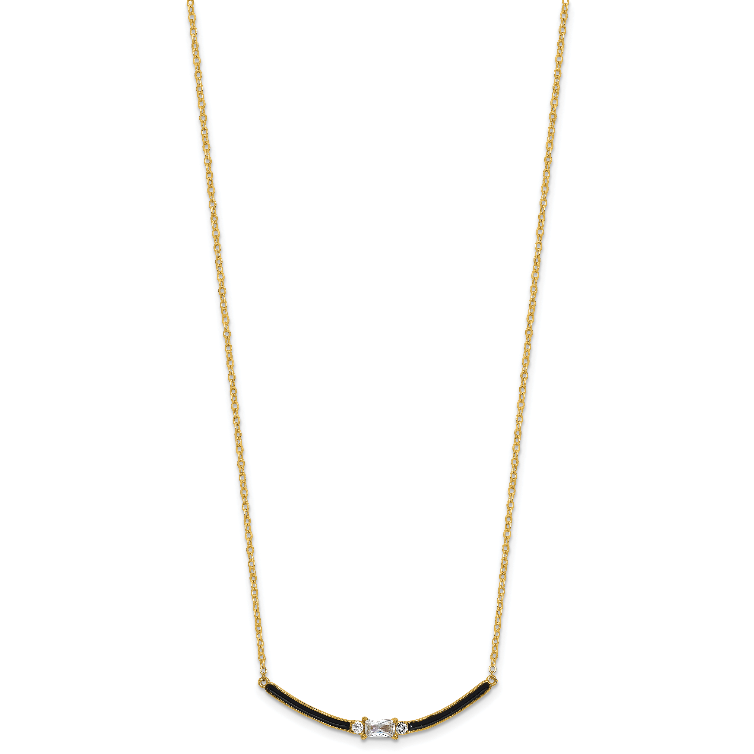 Sterling Silver Gold-tone Polished Black Enameled and CZ Curved Bar 16 Inch with 2 Inch Extension Necklace