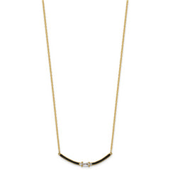 Sterling Silver Gold-tone Polished Black Enameled and CZ Curved Bar 16 Inch with 2 Inch Extension Necklace