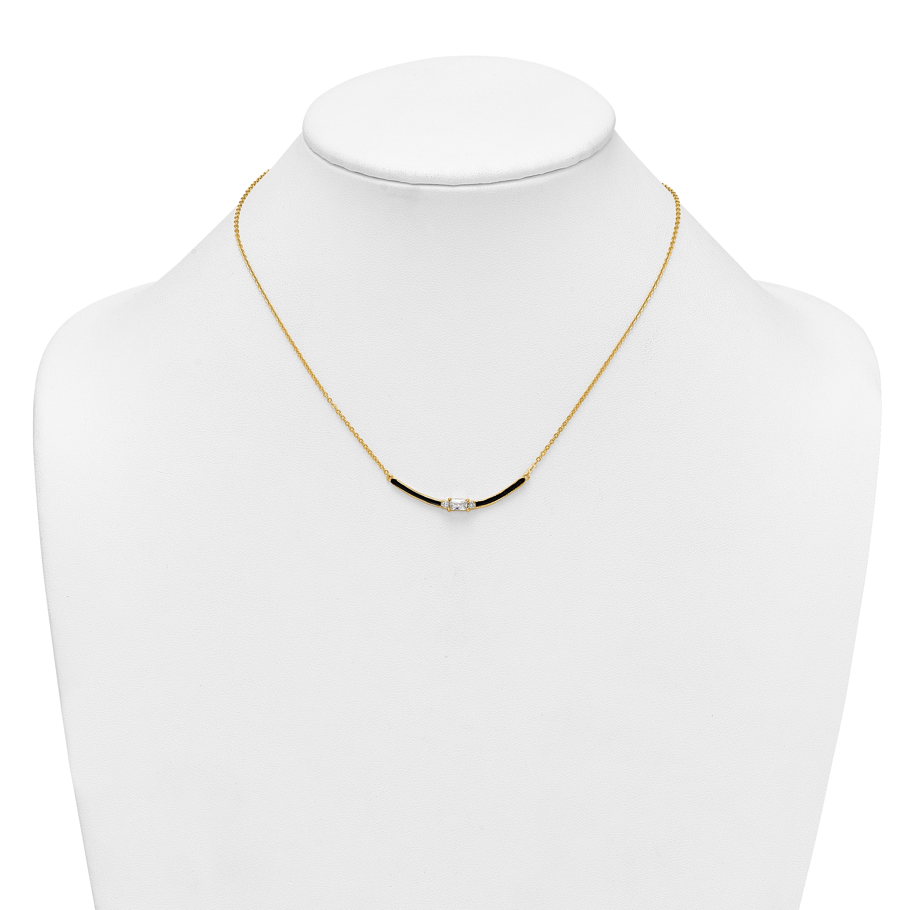 Sterling Silver Gold-tone Polished Black Enameled and CZ Curved Bar 16 Inch with 2 Inch Extension Necklace