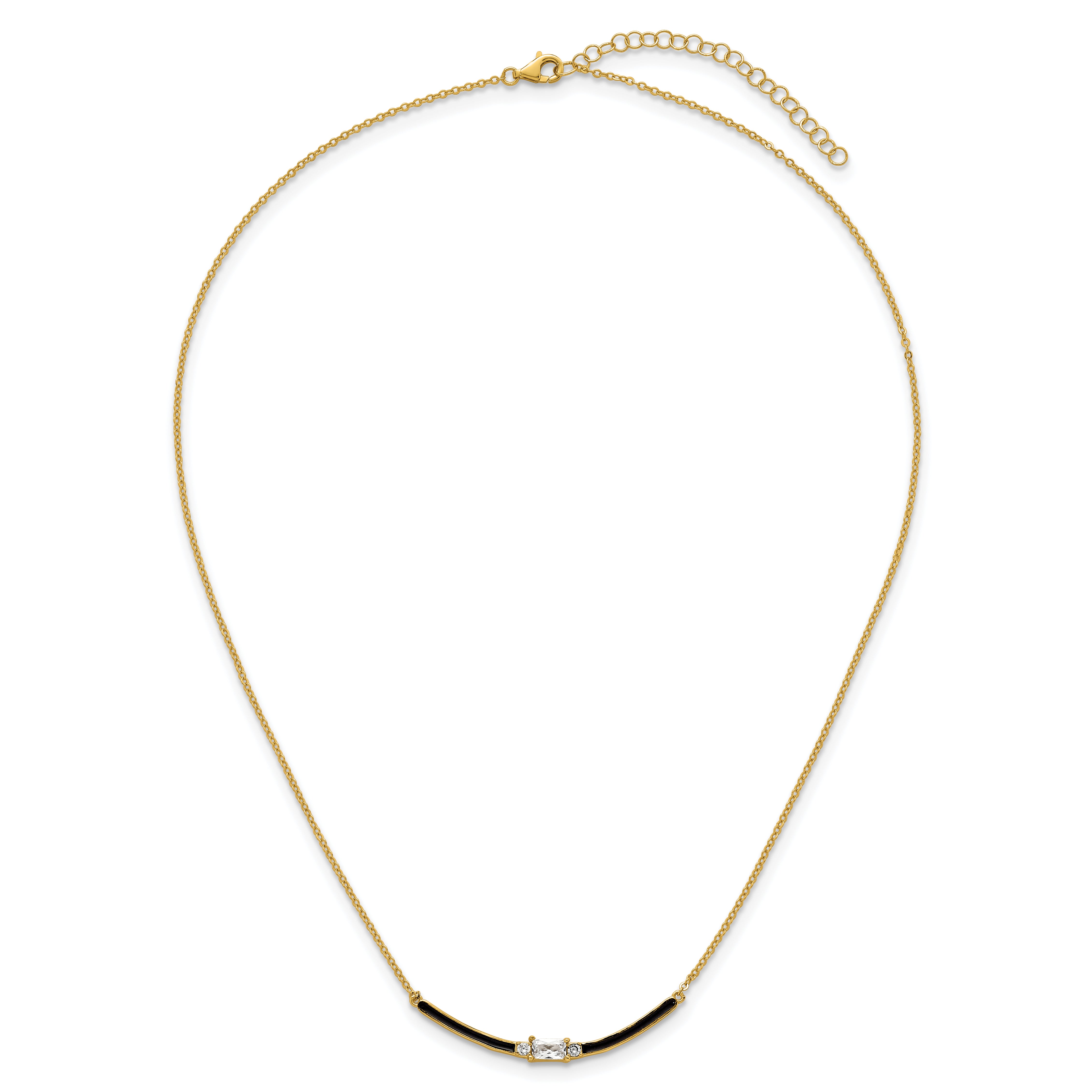 Sterling Silver Gold-tone Polished Black Enameled and CZ Curved Bar 16 Inch with 2 Inch Extension Necklace