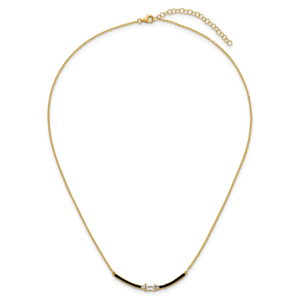 Sterling Silver Gold-tone Polished Black Enameled and CZ Curved Bar 16 Inch with 2 Inch Extension Necklace