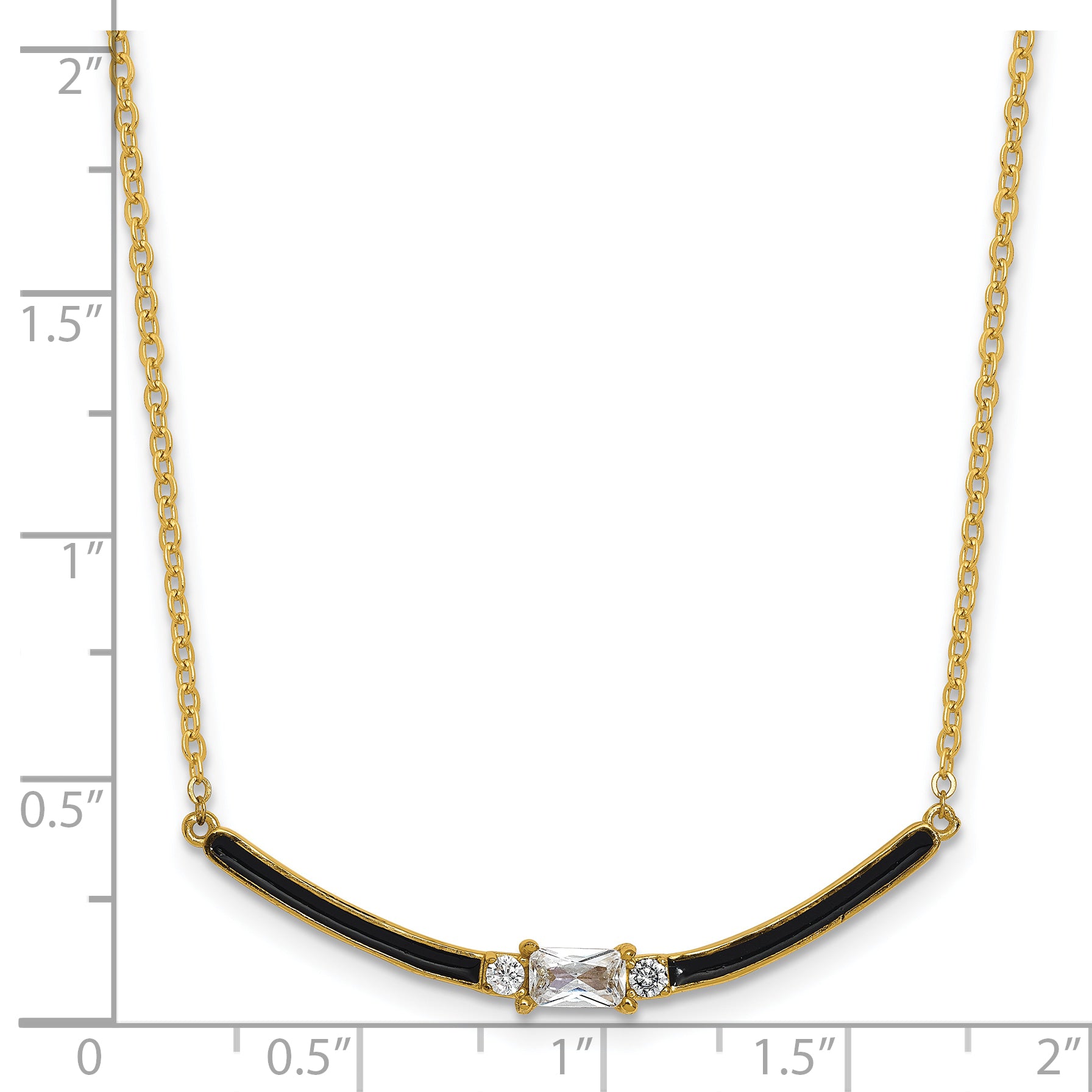 Sterling Silver Gold-tone Polished Black Enameled and CZ Curved Bar 16 Inch with 2 Inch Extension Necklace