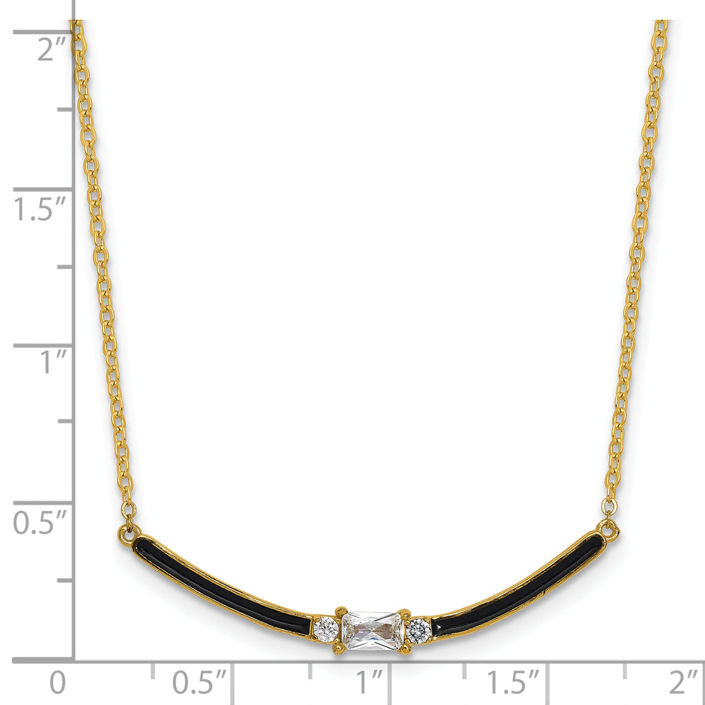 Sterling Silver Gold-tone Polished Black Enameled and CZ Curved Bar 16 Inch with 2 Inch Extension Necklace