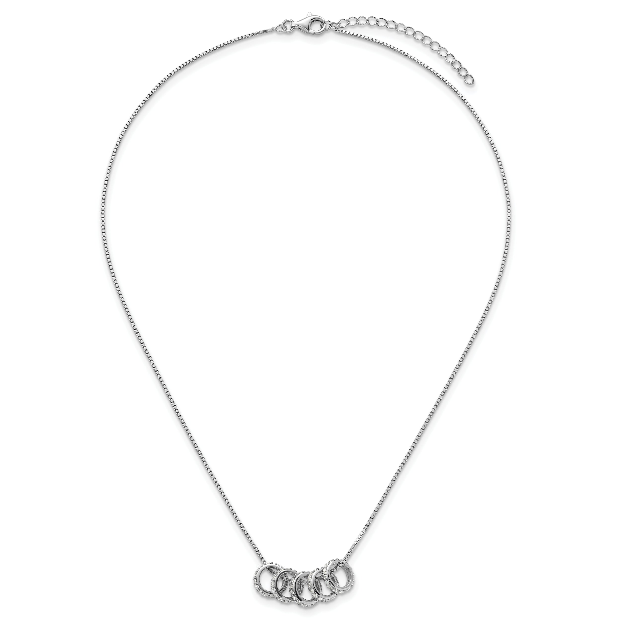 Sterling Silver Rhodium-plated Five Moveable CZ Rings 18 inch with 2 inch Extension Necklace