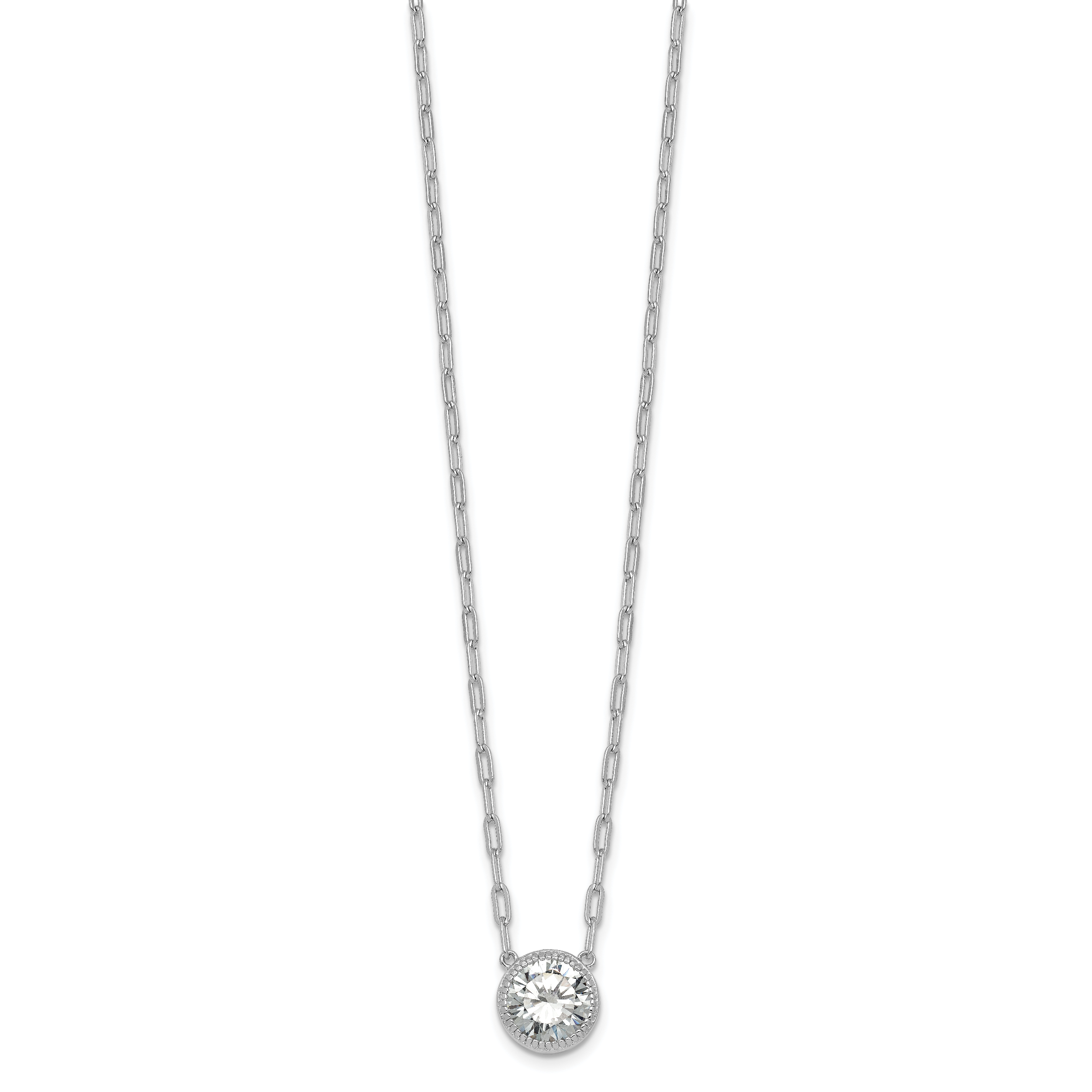 Sterling Silver Rhodium-plated Polished Round CZ with Paperclip Chain 16 inch with 2 inch Extension Necklace Secondary image
