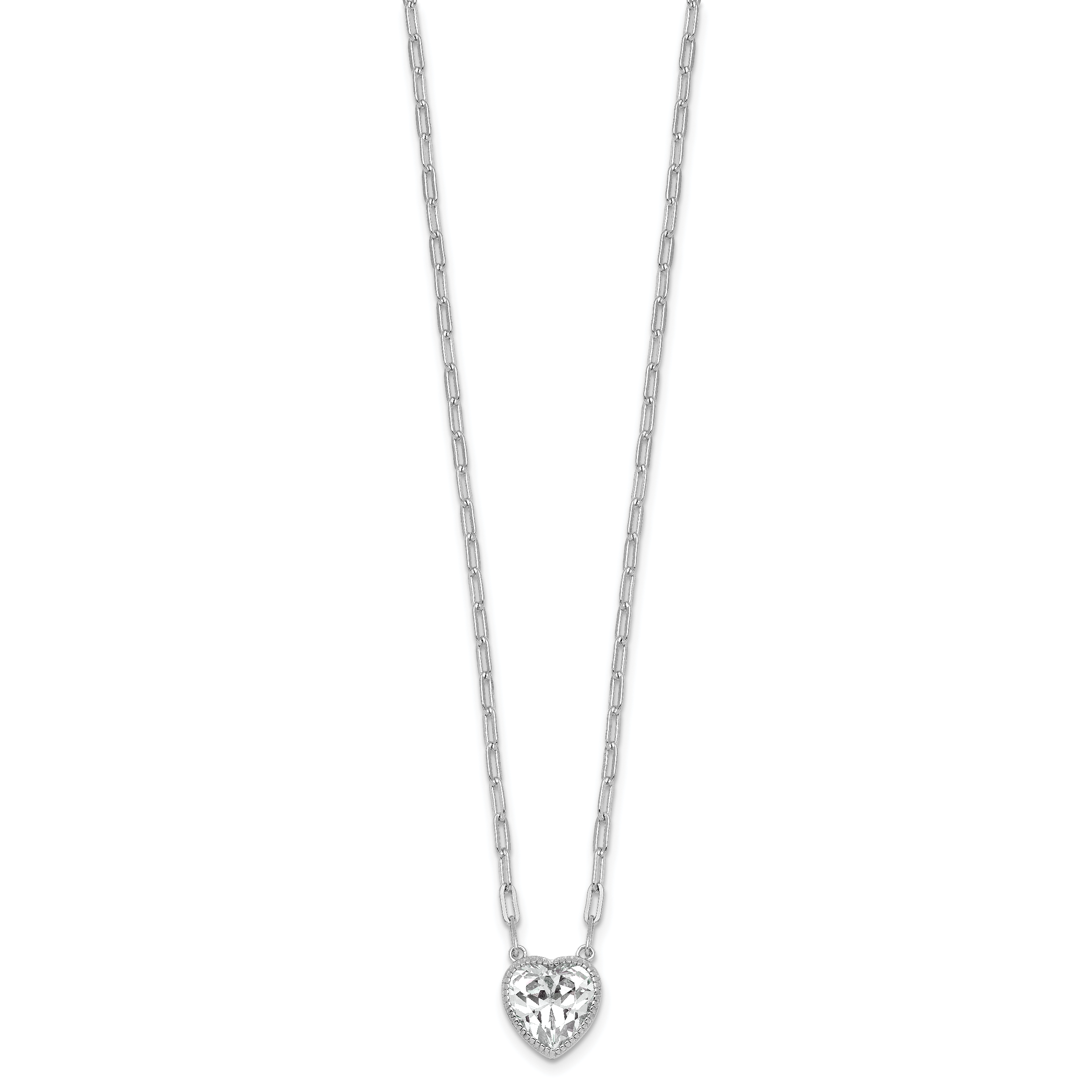 Sterling Silver Rhodium-plated Polished Heart CZ with Paperclip Chain 16 inch with 1.75 inch Extension Necklace Secondary image