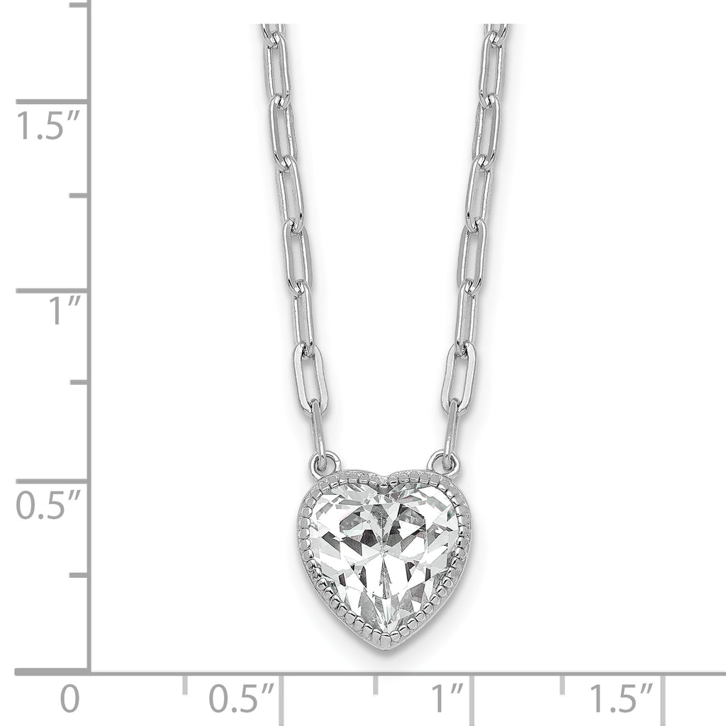 Sterling Silver Rhodium-plated Polished Heart CZ with Paperclip Chain 16 inch with 1.75 inch Extension Necklace
