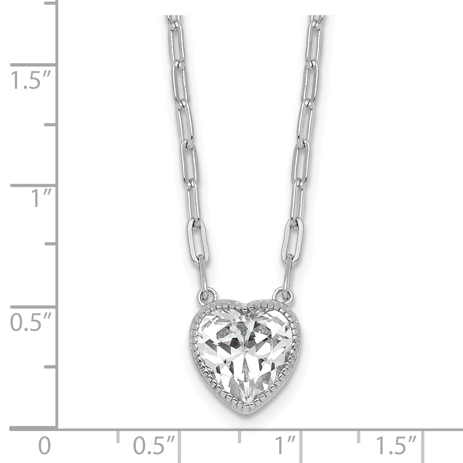 Sterling Silver Rhodium-plated Polished Heart CZ with Paperclip Chain 16 inch with 1.75 inch Extension Necklace