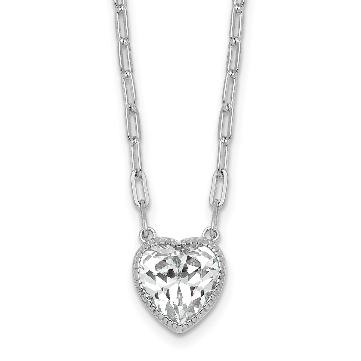 Sterling Silver Rhodium-plated Polished Heart CZ with Paperclip Chain 16 inch with 1.75 inch Extension Necklace