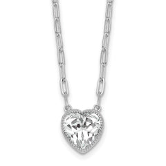 Sterling Silver Rhodium-plated Polished Heart CZ with Paperclip Chain 16 inch with 1.75 inch Extension Necklace
