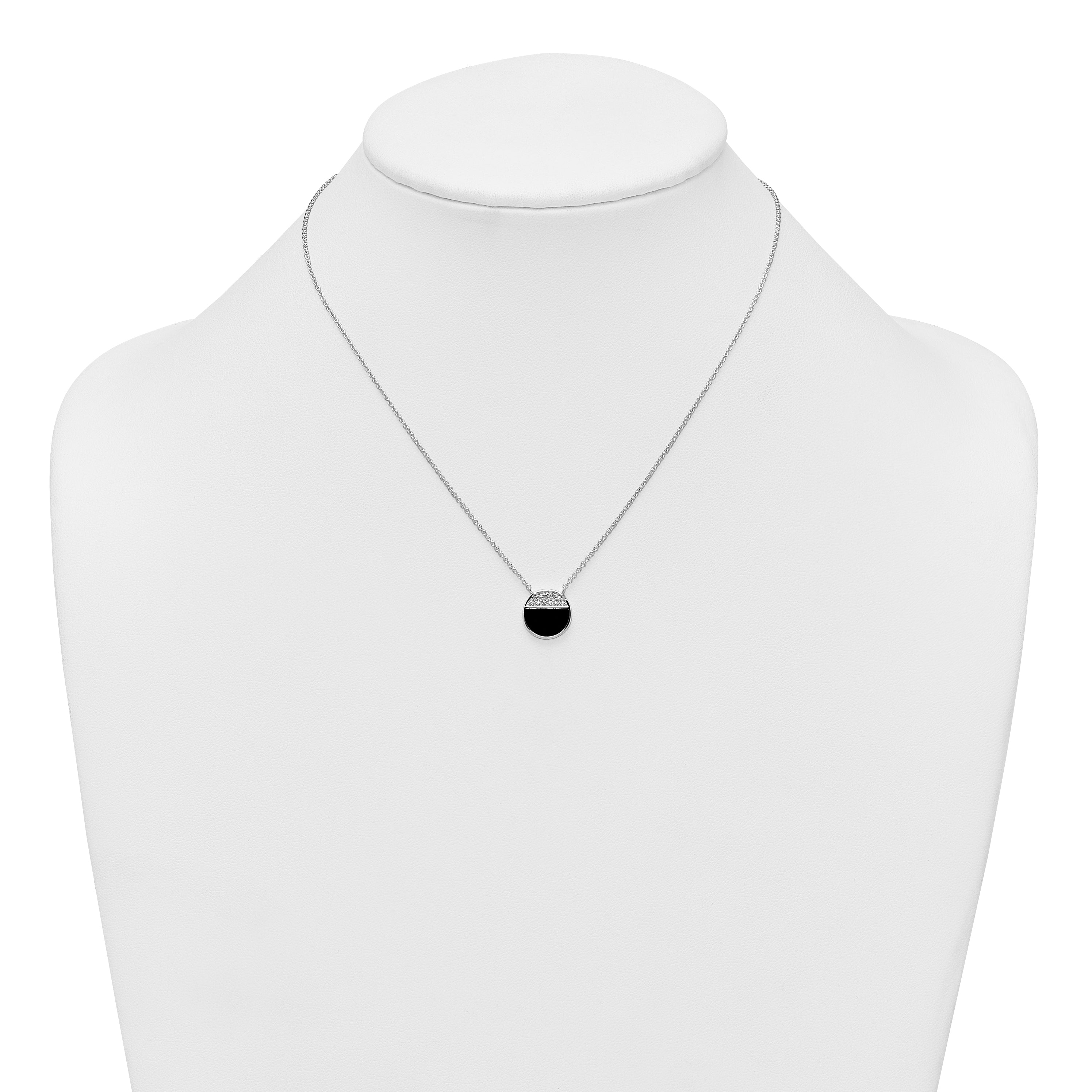 Sterling Silver Rhodium-plated Polished Black Onyx and CZ Circle 16 inch with 2 inch Extender Necklace