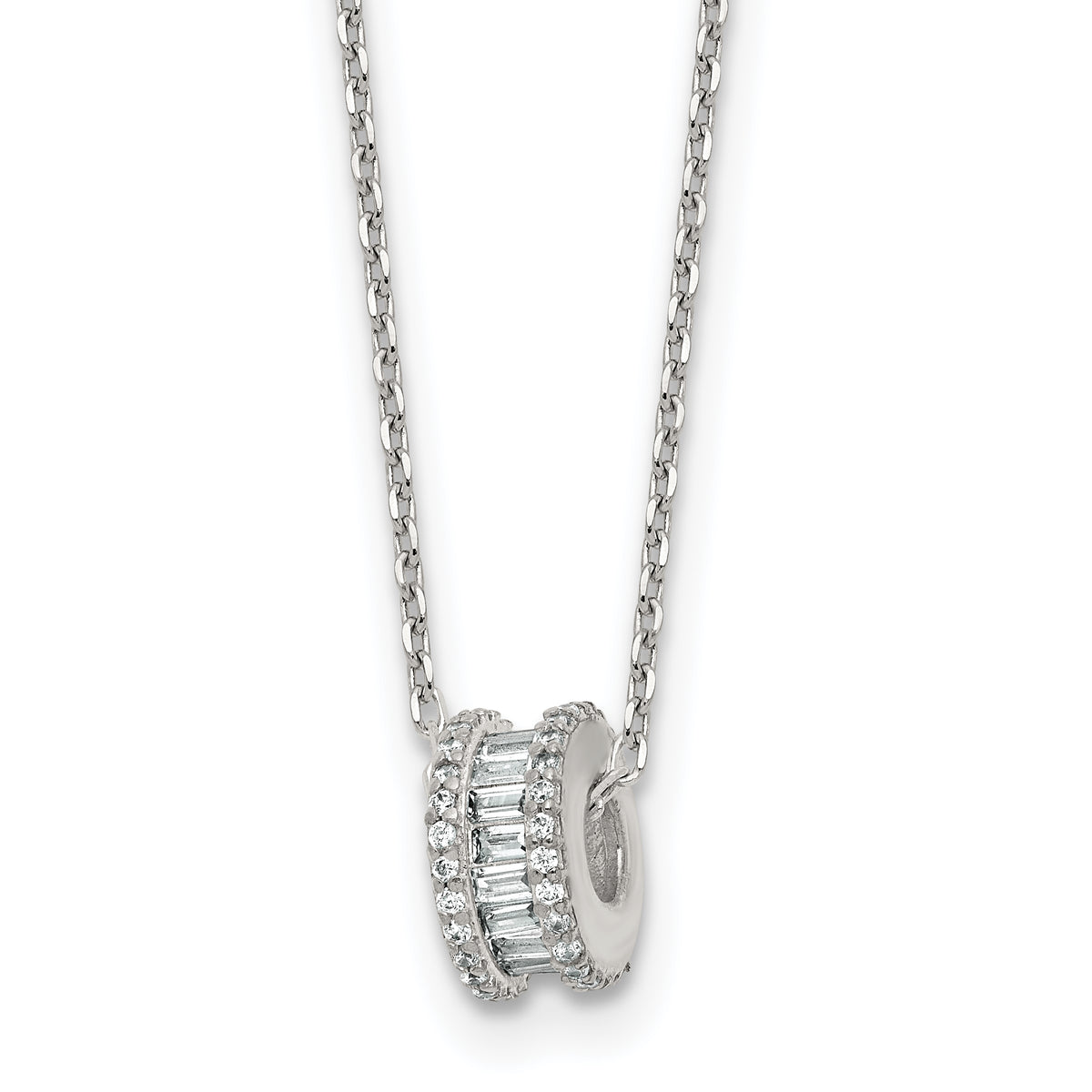 Sterling Silver Polished CZ Circle Bead 16 Inch with 2 Inch Extension Necklace