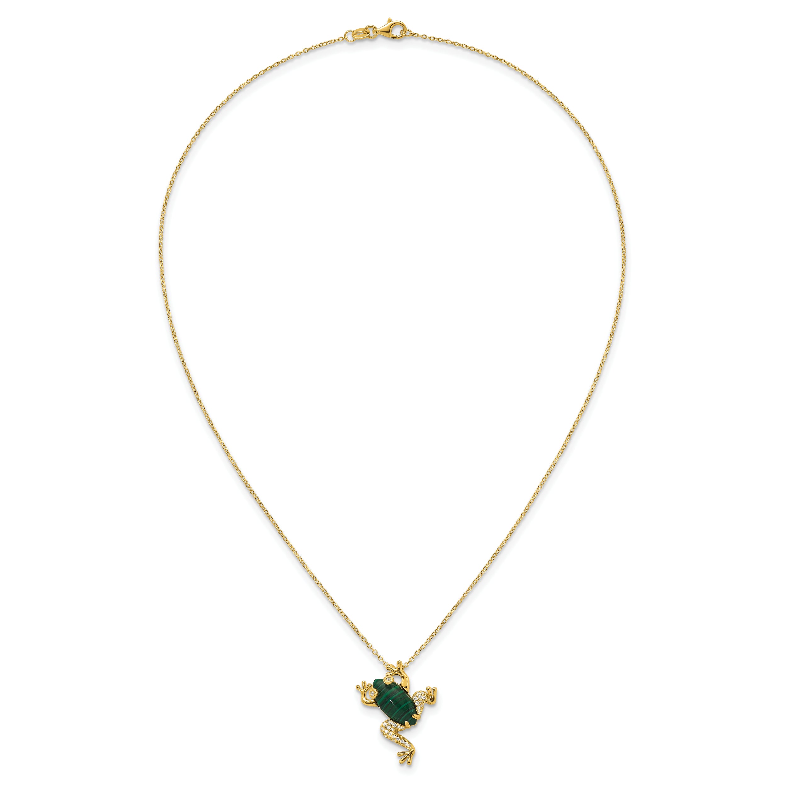 Sterling Silver Gold-tone CZ and Lab Created Malachite Frog 18 inch Necklace