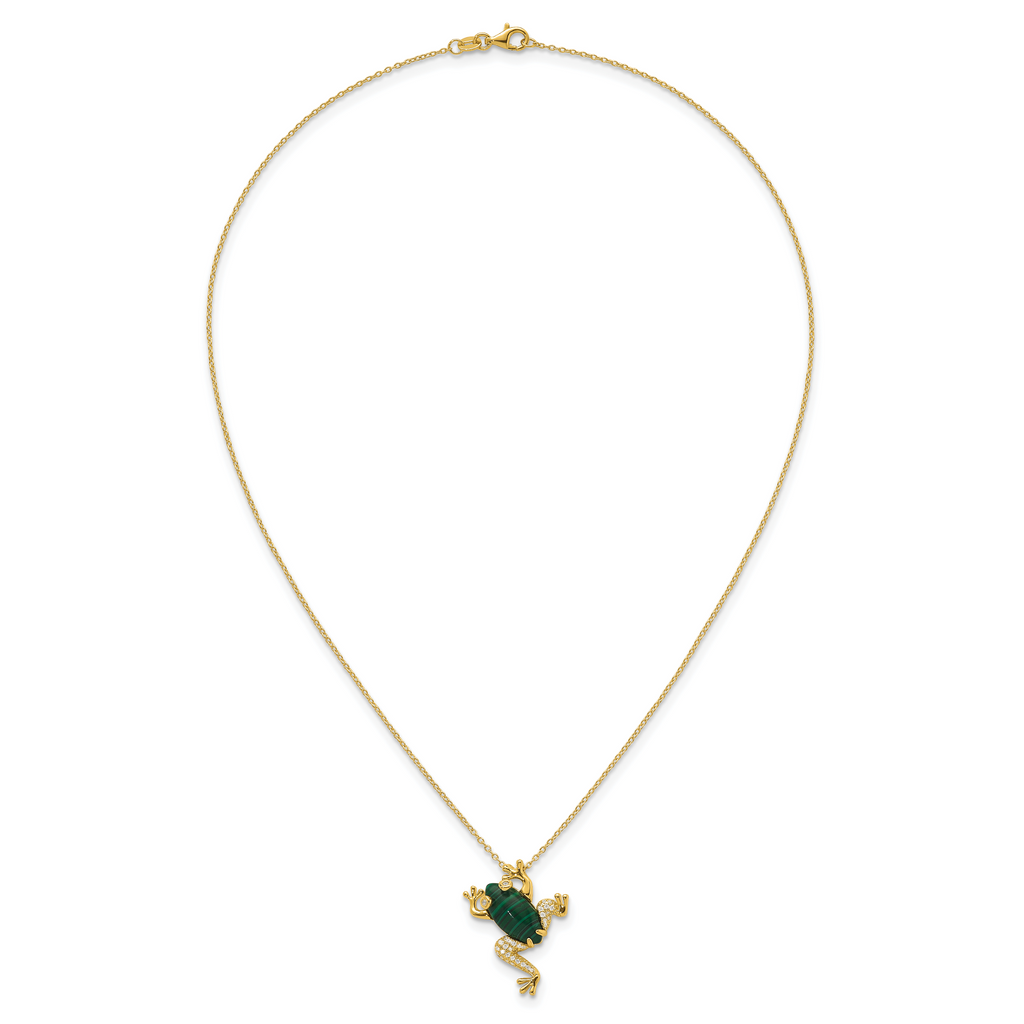 Sterling Silver Gold-tone CZ and Lab Created Malachite Frog 18 inch Necklace