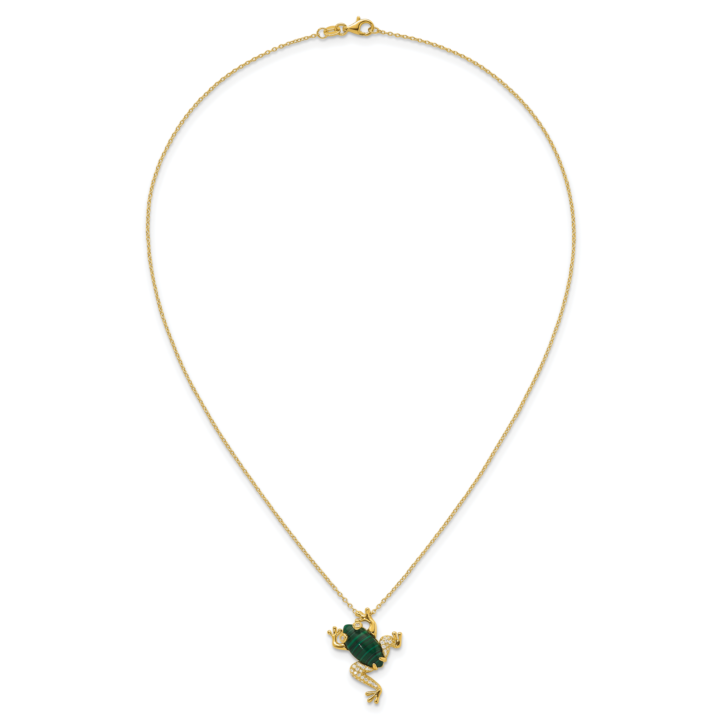 Sterling Silver Gold-tone CZ and Lab Created Malachite Frog 18 inch Necklace