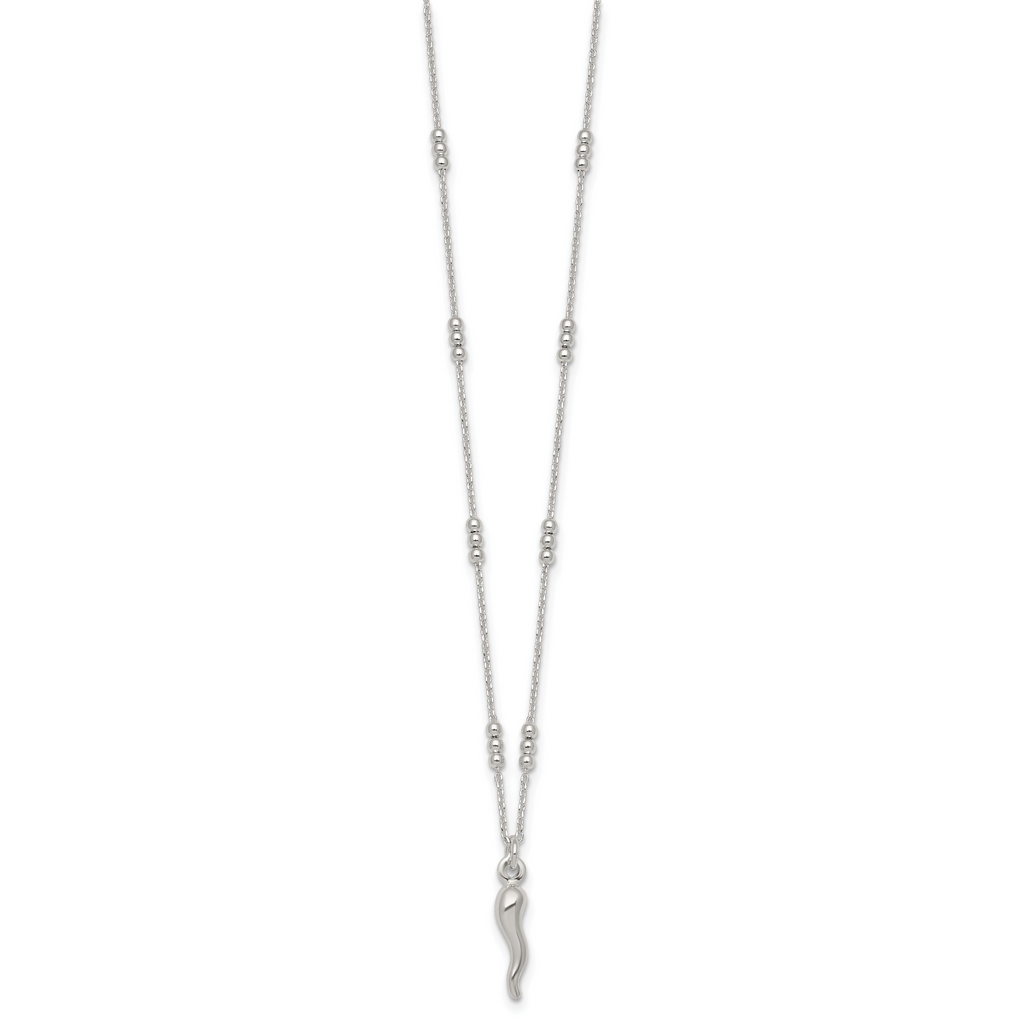 Sterling Silver Polished and Beaded Italian Horn 18 Inch Necklace