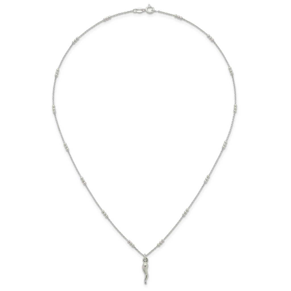 Sterling Silver Polished and Beaded Italian Horn 18 Inch Necklace