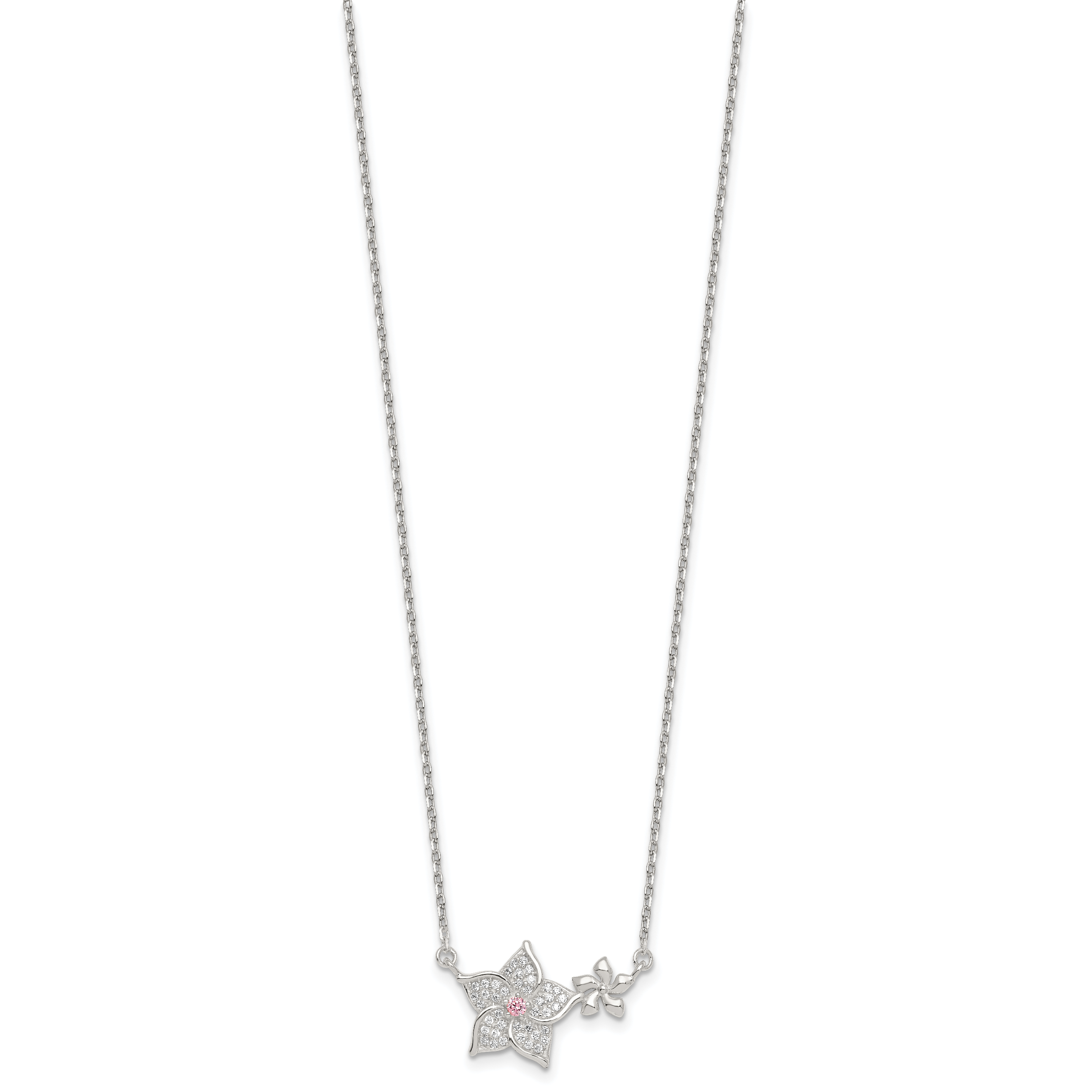 Sterling Silver Polished Pink and White CZ Flowers 16 inch with 2 inch Extension Necklace Secondary image