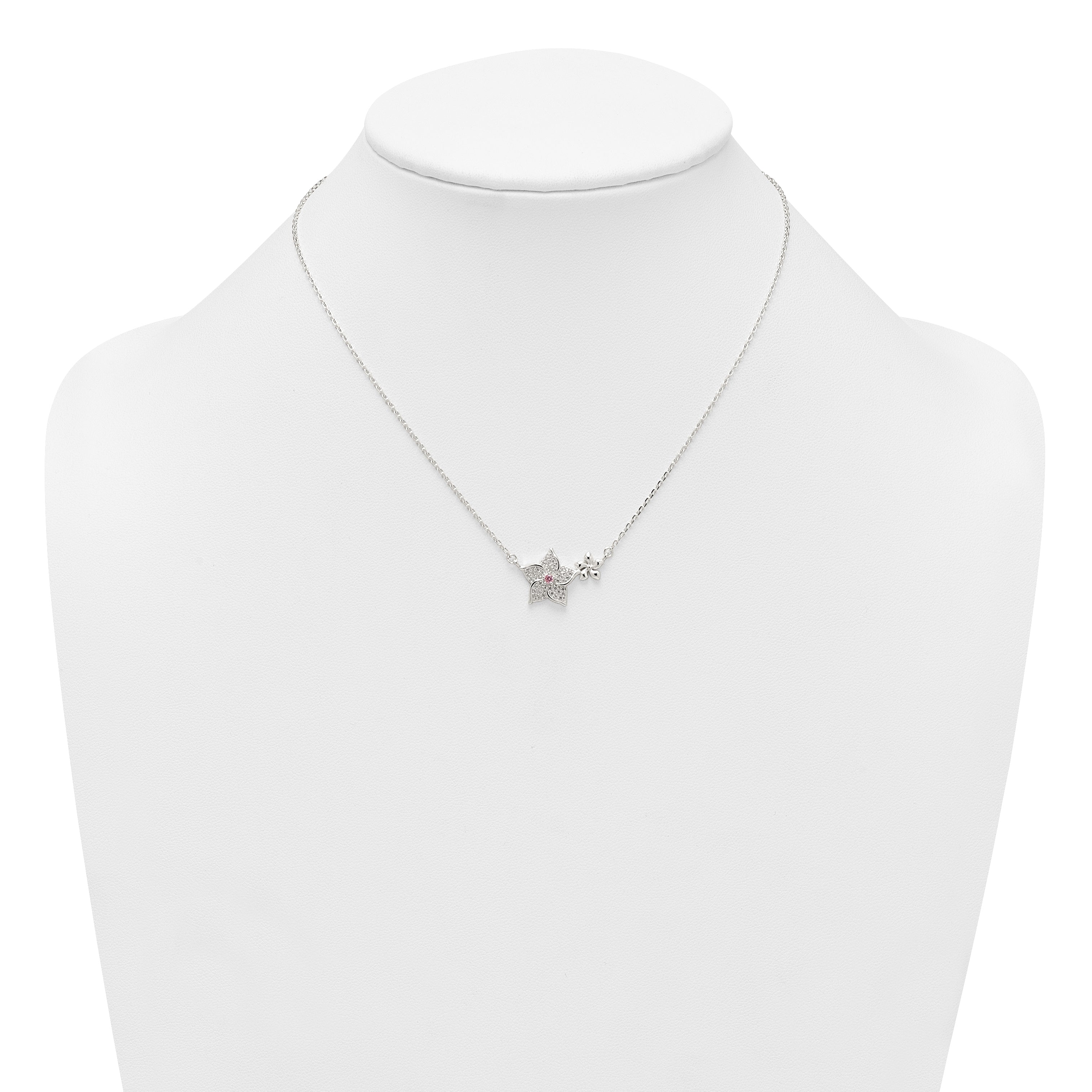 Sterling Silver Polished Pink and White CZ Flowers 16 inch with 2 inch Extension Necklace