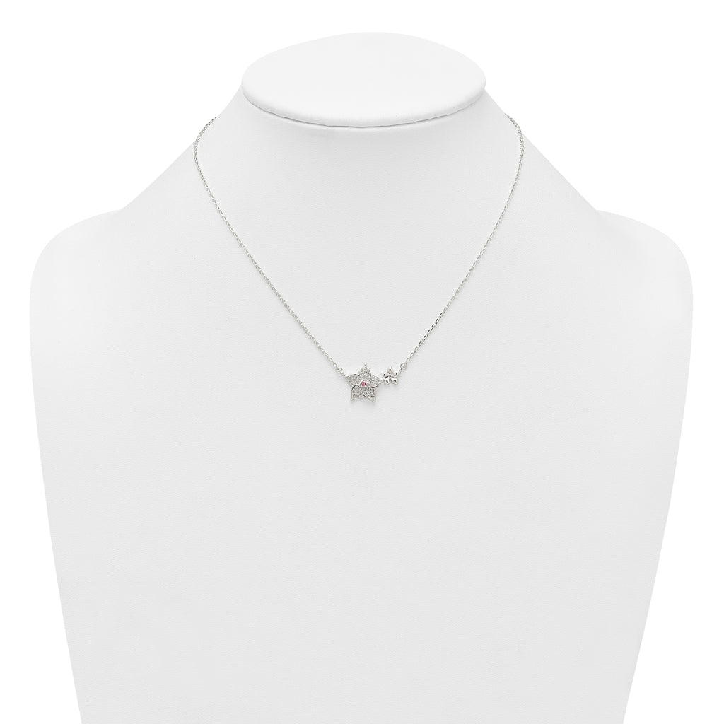 Sterling Silver Polished Pink and White CZ Flowers 16 inch with 2 inch Extension Necklace