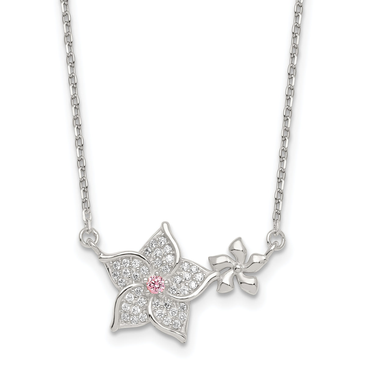 Sterling Silver Polished Pink and White CZ Flowers 16 inch with 2 inch Extension Necklace