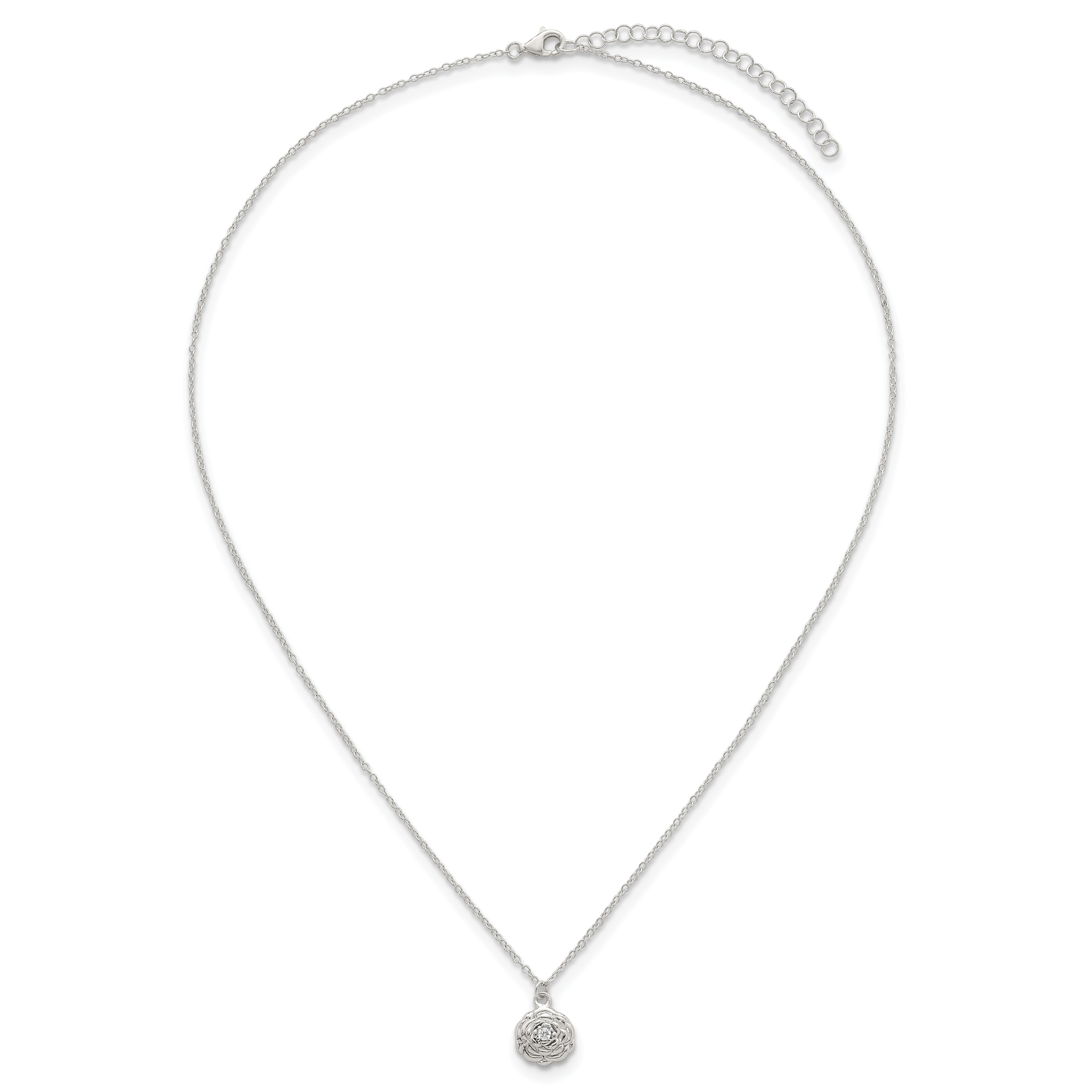 Sterling Silver Polished CZ Flower 16 Inch with 2 Inch Extension Necklace