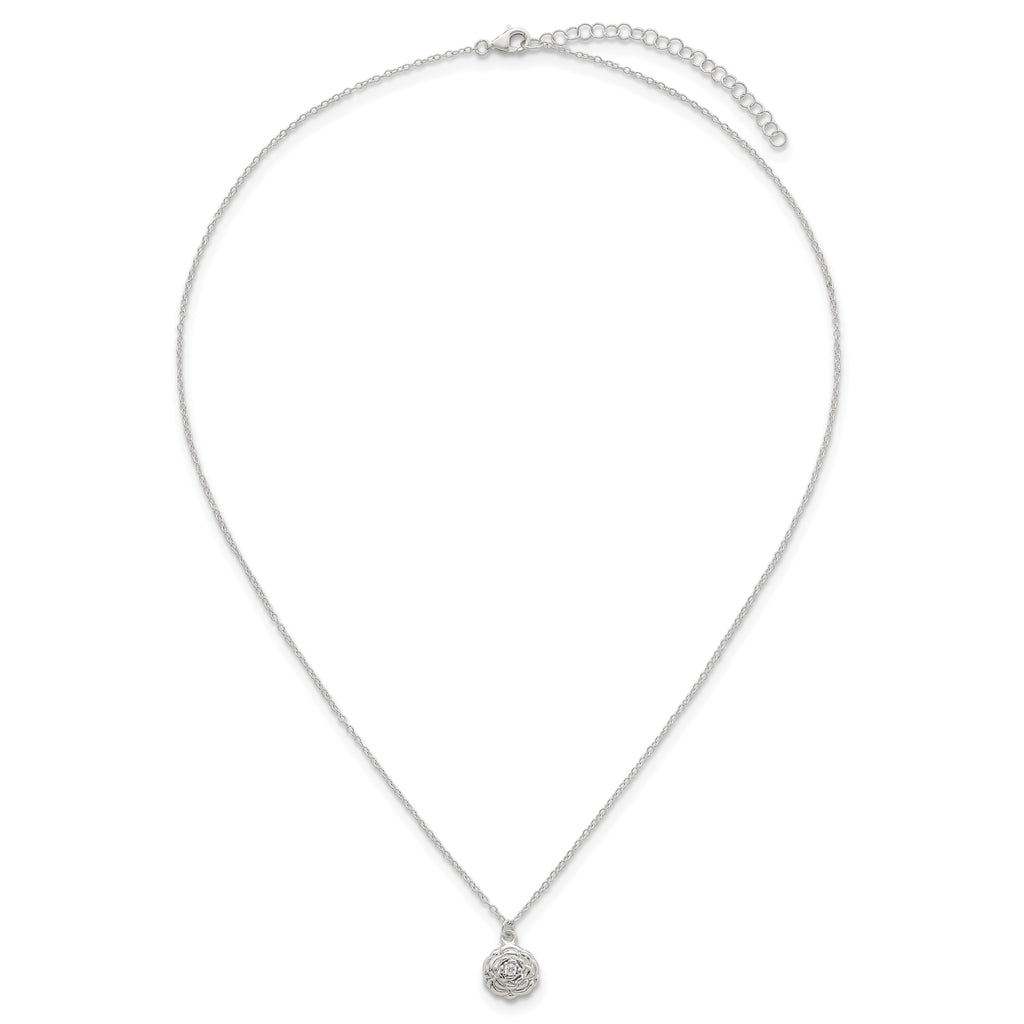 Sterling Silver Polished CZ Flower 16 Inch with 2 Inch Extension Necklace