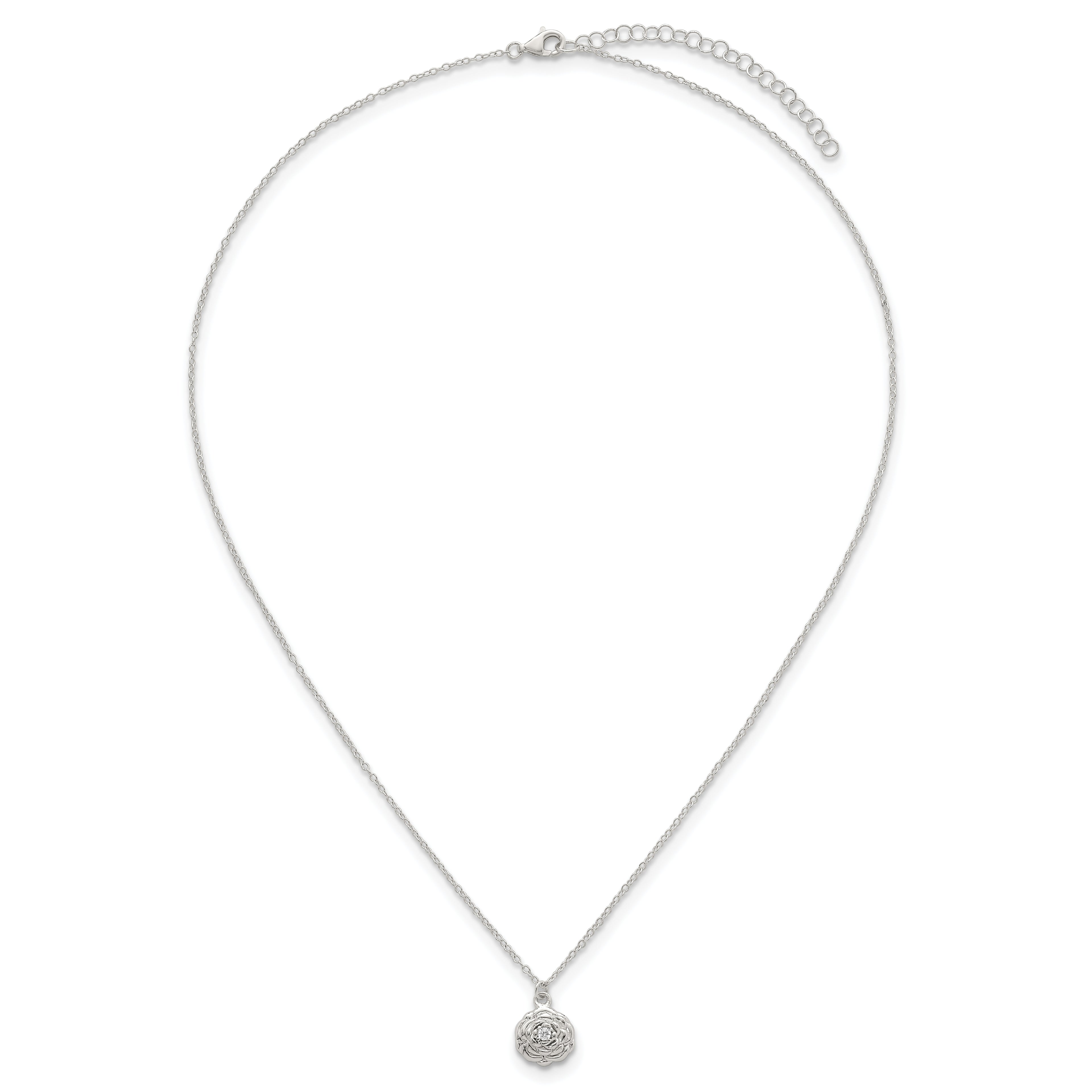 Sterling Silver Polished CZ Flower 16 Inch with 2 Inch Extension Necklace