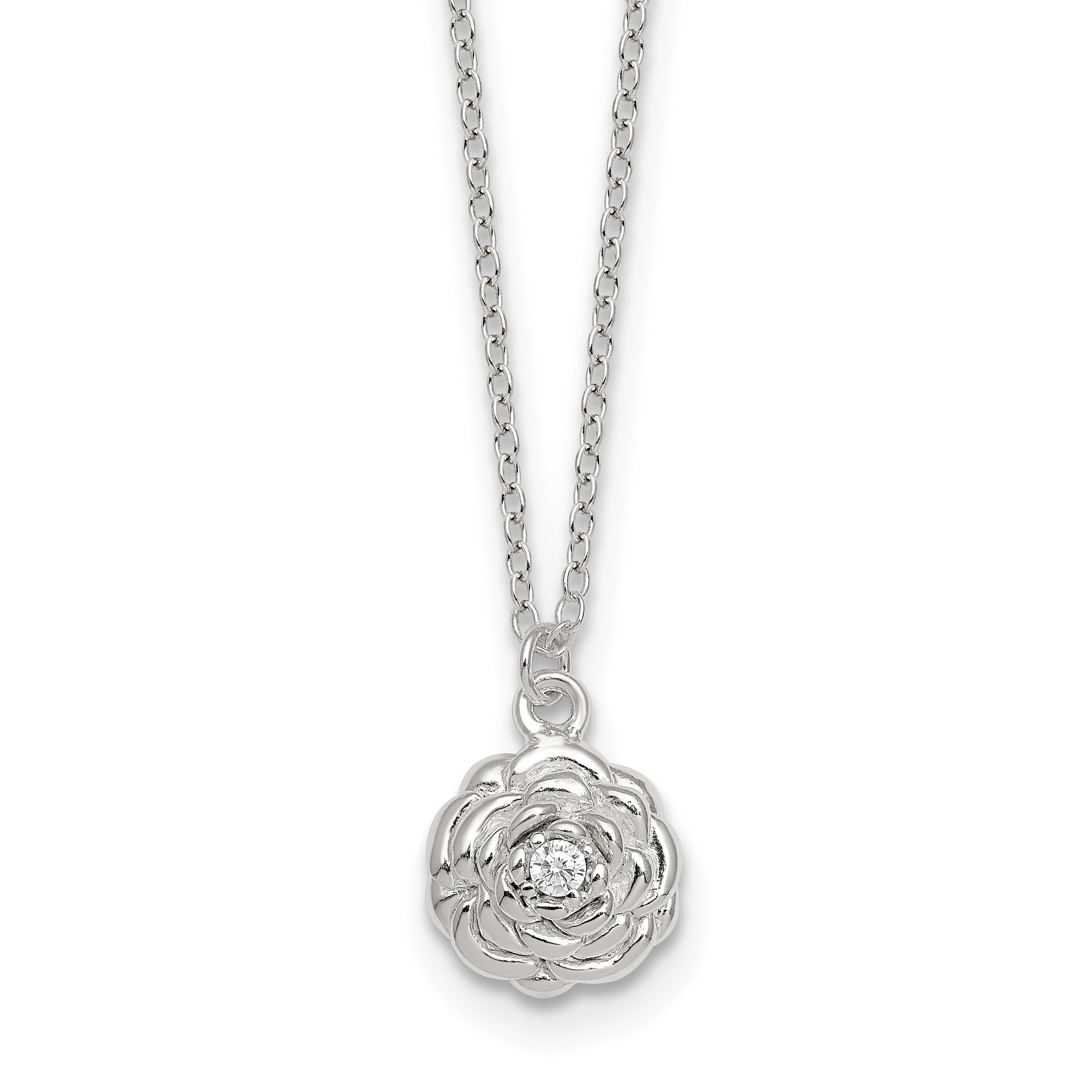 Sterling Silver Polished CZ Flower 16 Inch with 2 Inch Extension Necklace Main image