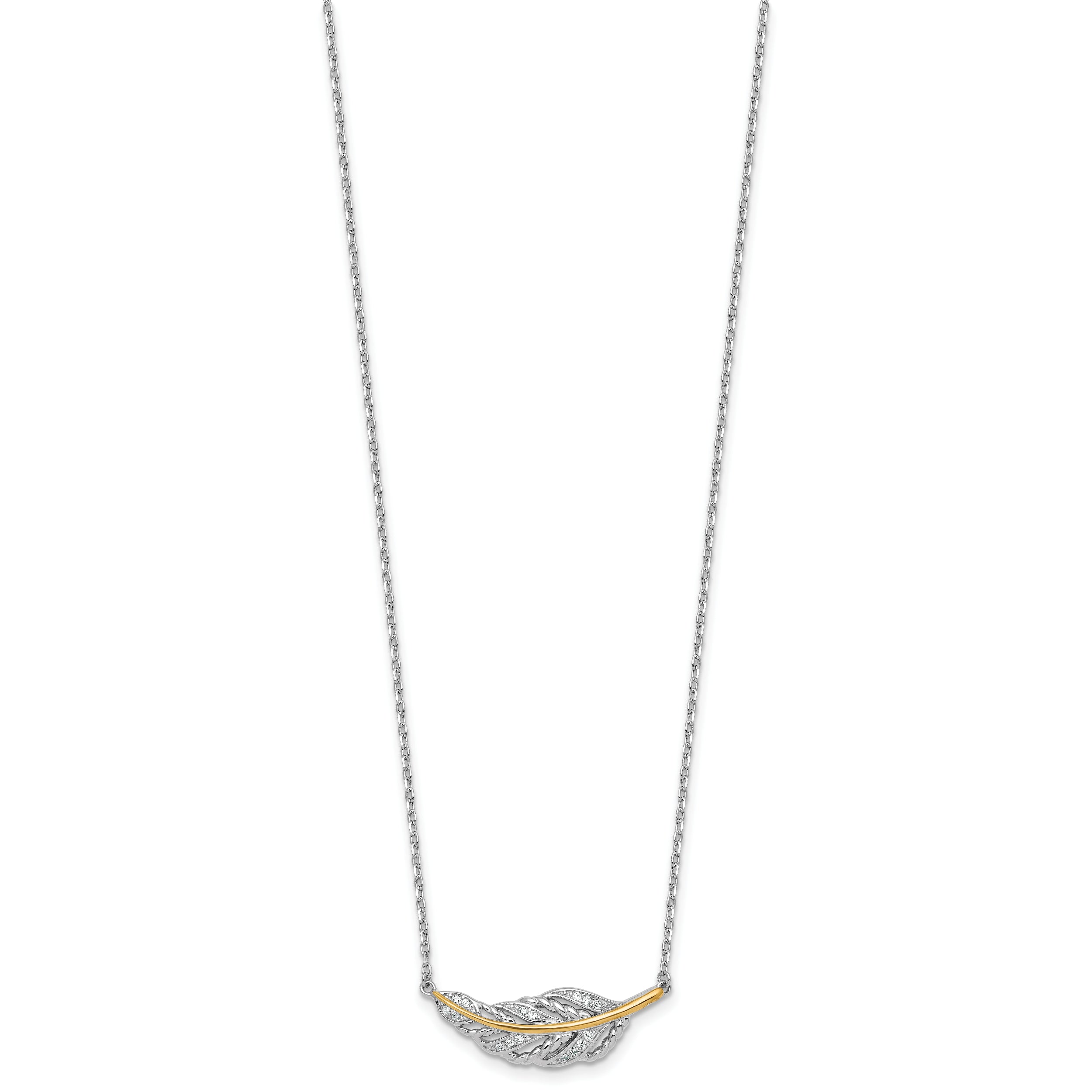 Sterling Silver Rhodium-plated with 14k Accent Polished CZ Feather 16 inch with 2 inch Extension Necklace