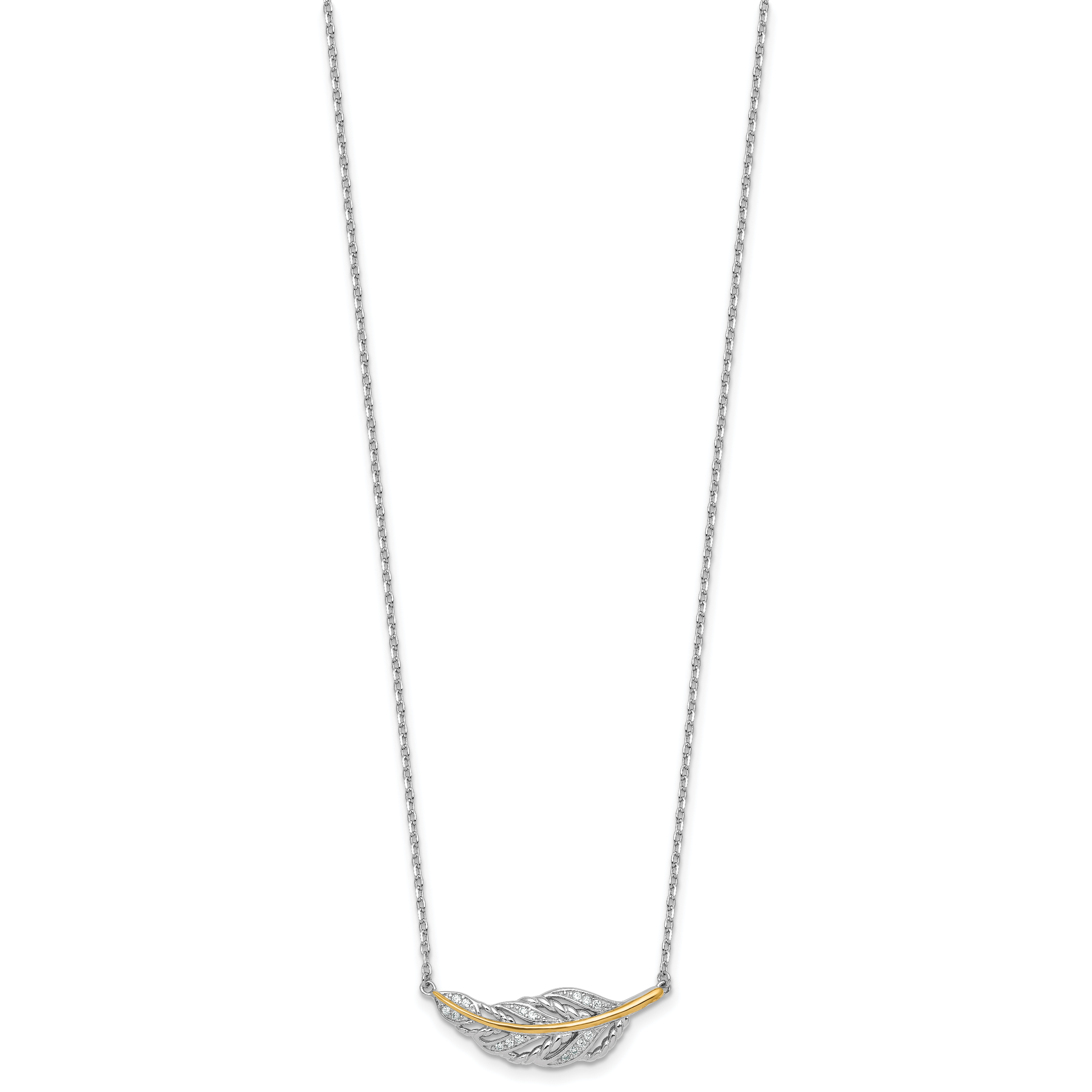 Sterling Silver Rhodium-plated with 14k Accent Polished CZ Feather 16 inch with 2 inch Extension Necklace Secondary image