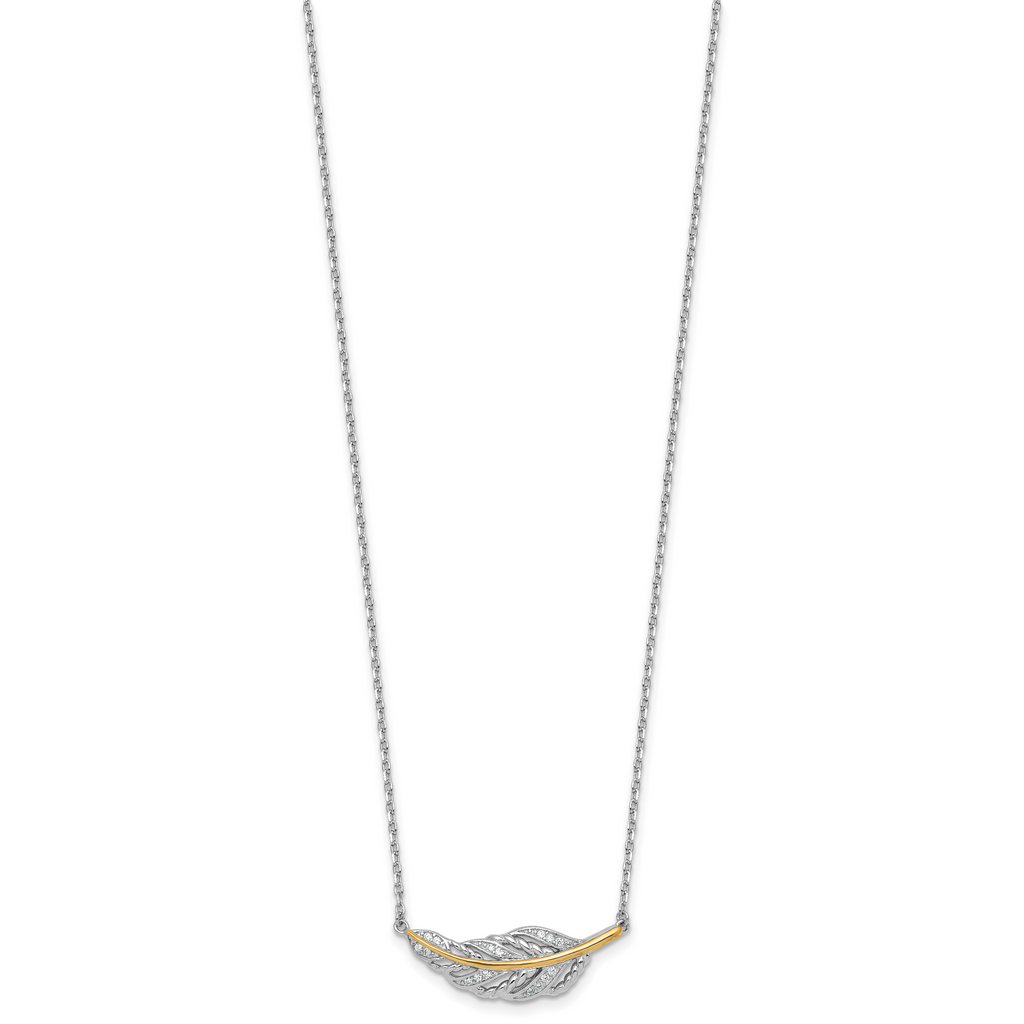 Sterling Silver Rhodium-plated with 14k Accent Polished CZ Feather 16 inch with 2 inch Extension Necklace