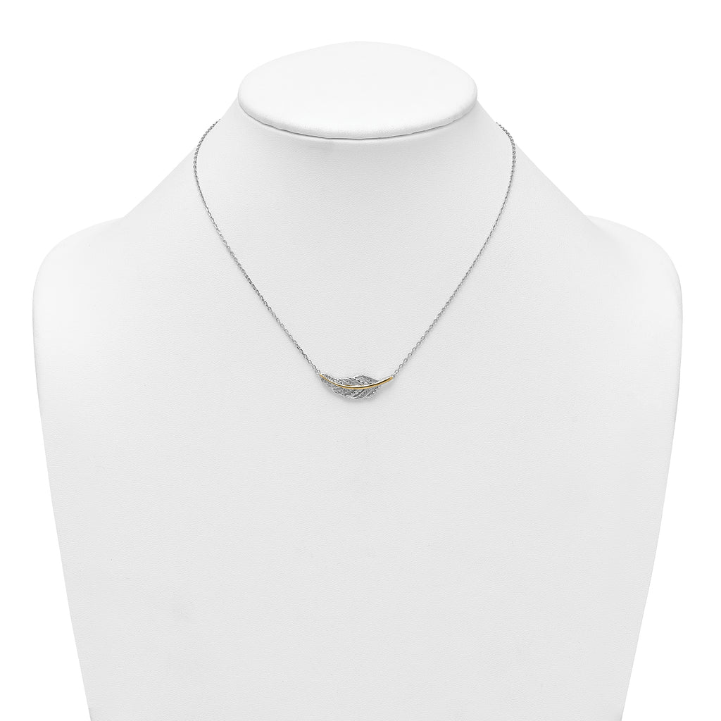 Sterling Silver Rhodium-plated with 14k Accent Polished CZ Feather 16 inch with 2 inch Extension Necklace
