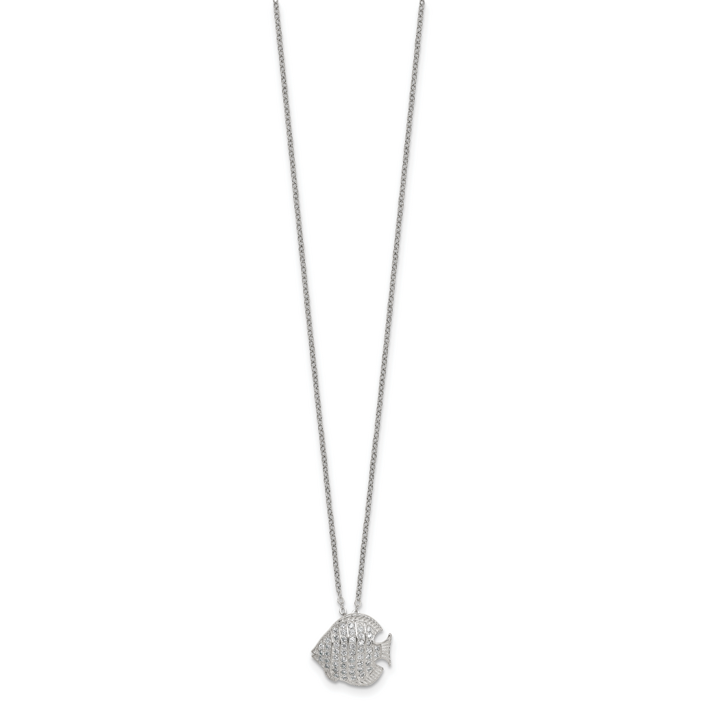 Sterling Silver Polished and Grooved CZ Fish 16 Inch with 2 Inch Extension Necklace