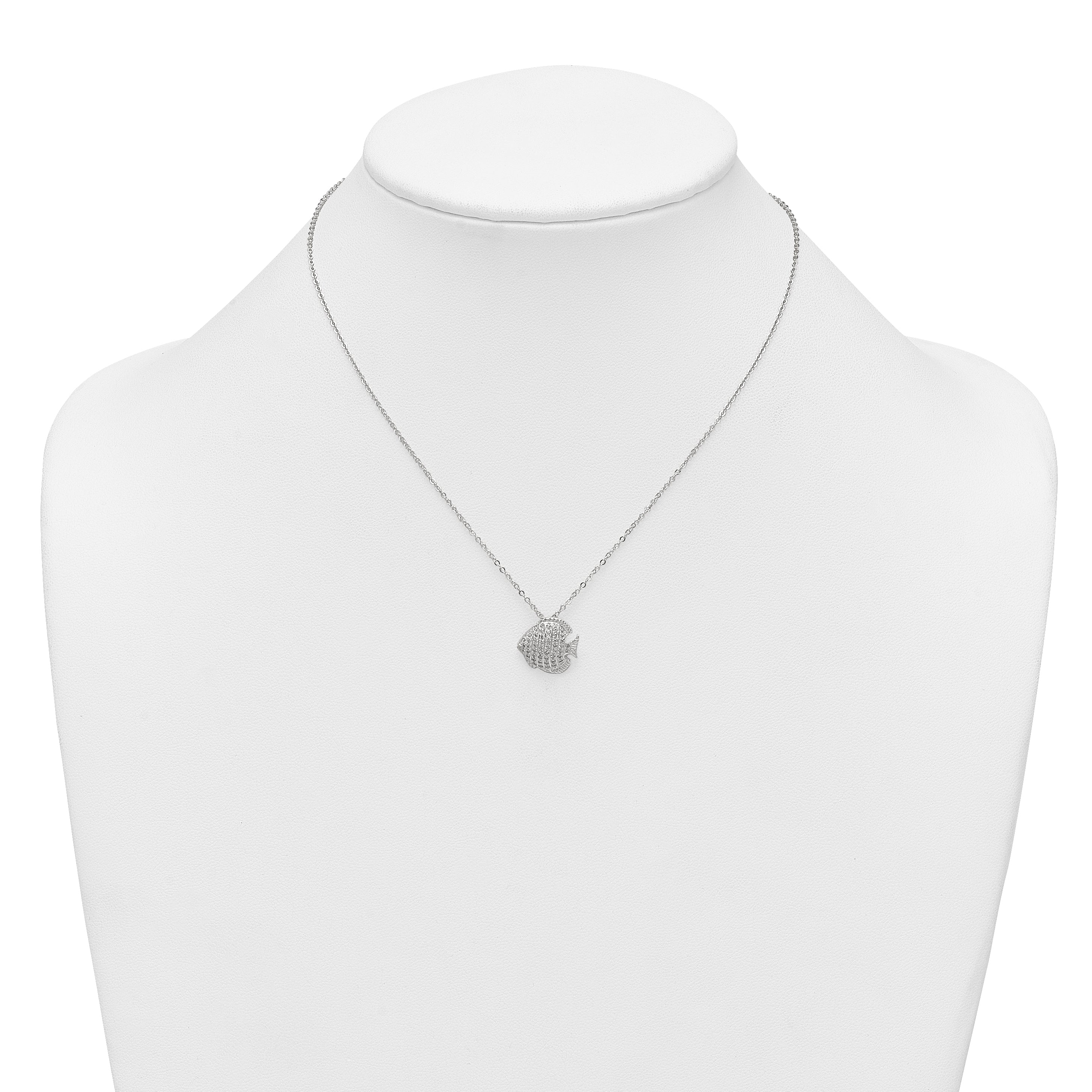 Sterling Silver Polished and Grooved CZ Fish 16 Inch with 2 Inch Extension Necklace