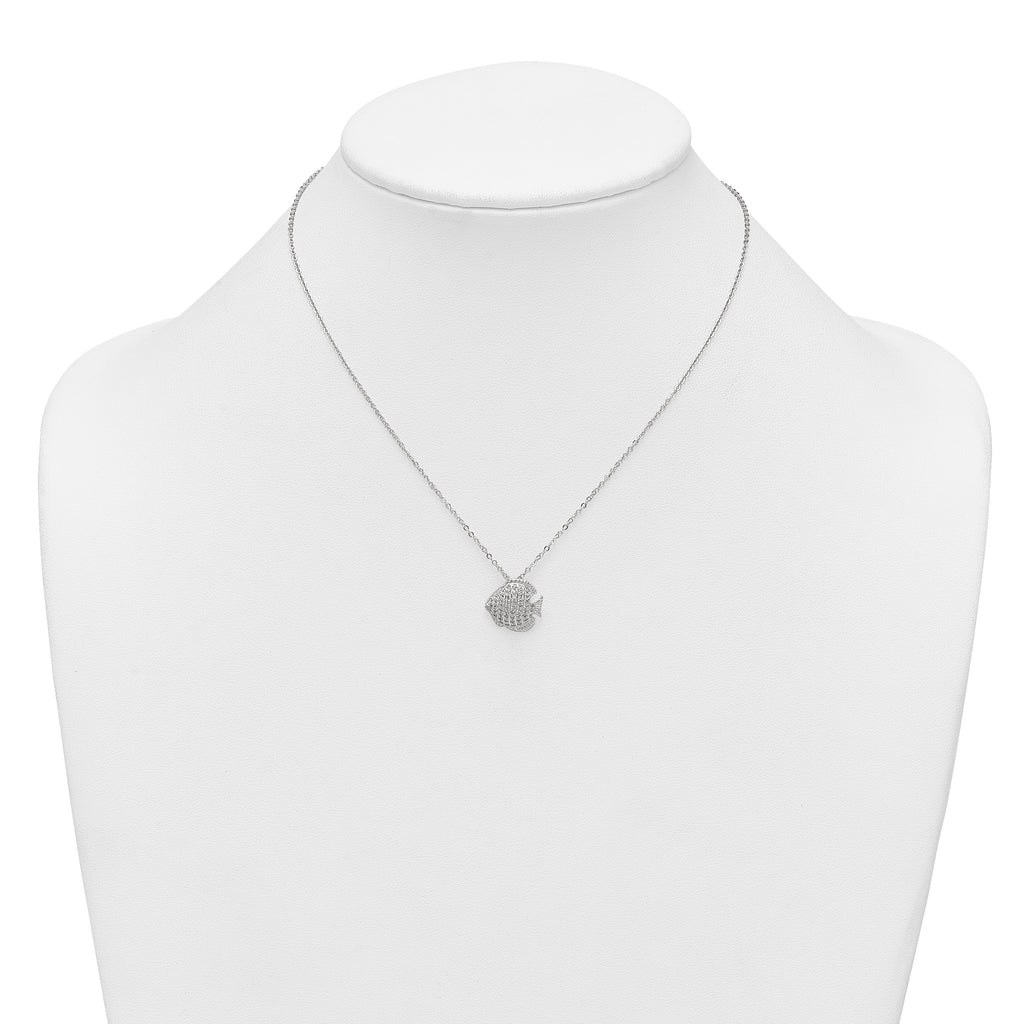Sterling Silver Polished and Grooved CZ Fish 16 Inch with 2 Inch Extension Necklace
