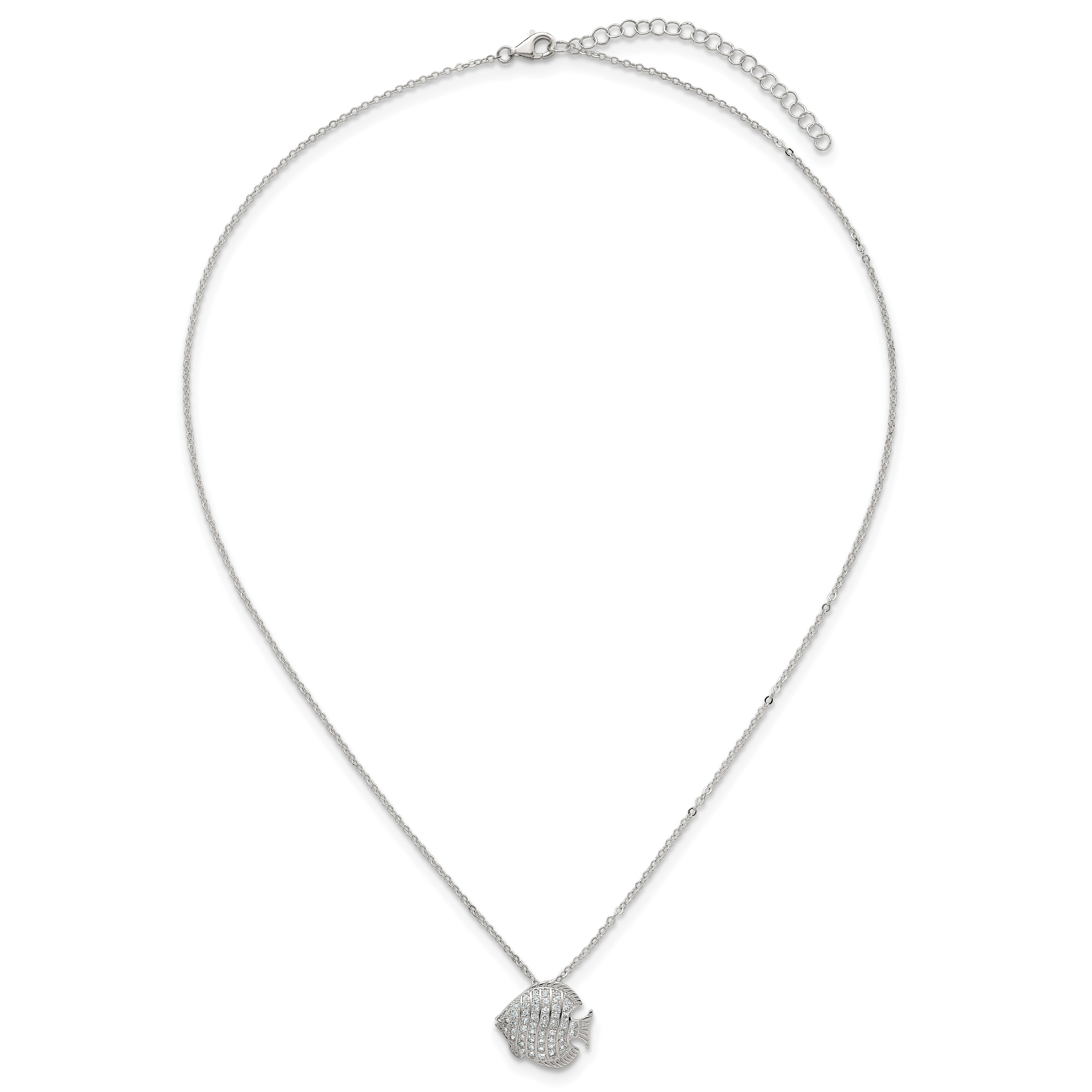 Sterling Silver Polished and Grooved CZ Fish 16 Inch with 2 Inch Extension Necklace