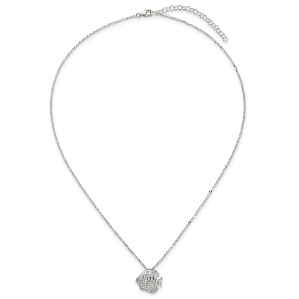 Sterling Silver Polished and Grooved CZ Fish 16 Inch with 2 Inch Extension Necklace