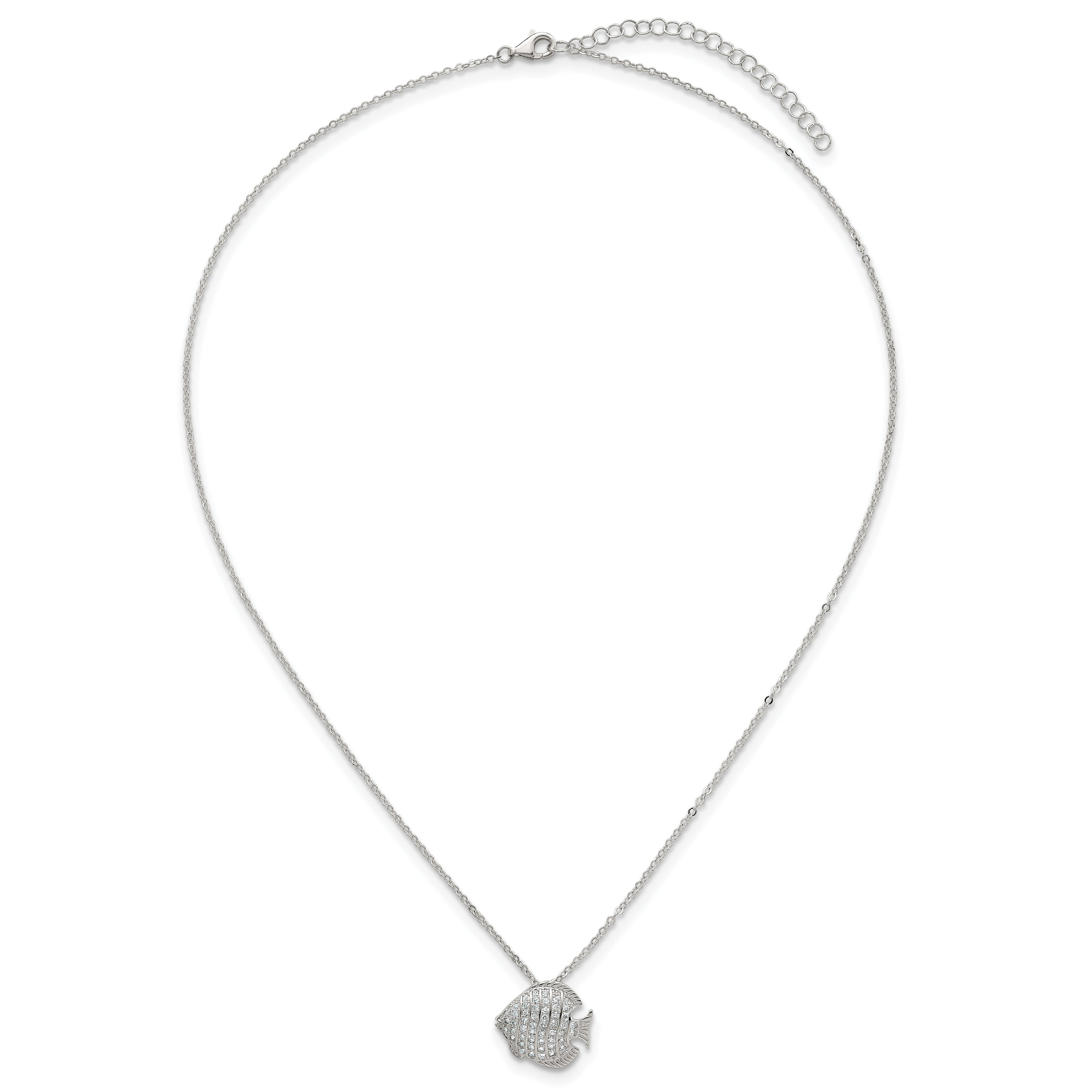 Sterling Silver Polished and Grooved CZ Fish 16 Inch with 2 Inch Extension Necklace