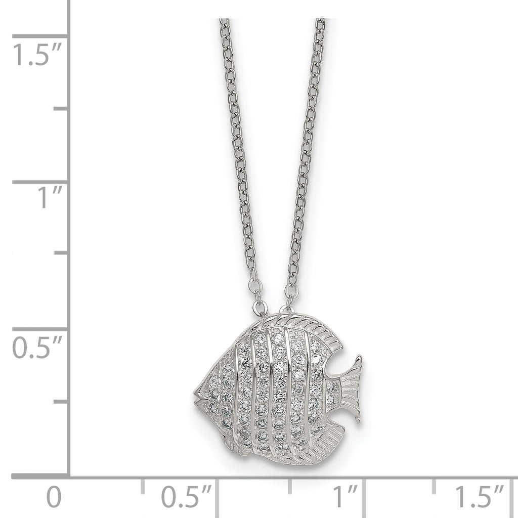 Sterling Silver Polished and Grooved CZ Fish 16 Inch with 2 Inch Extension Necklace