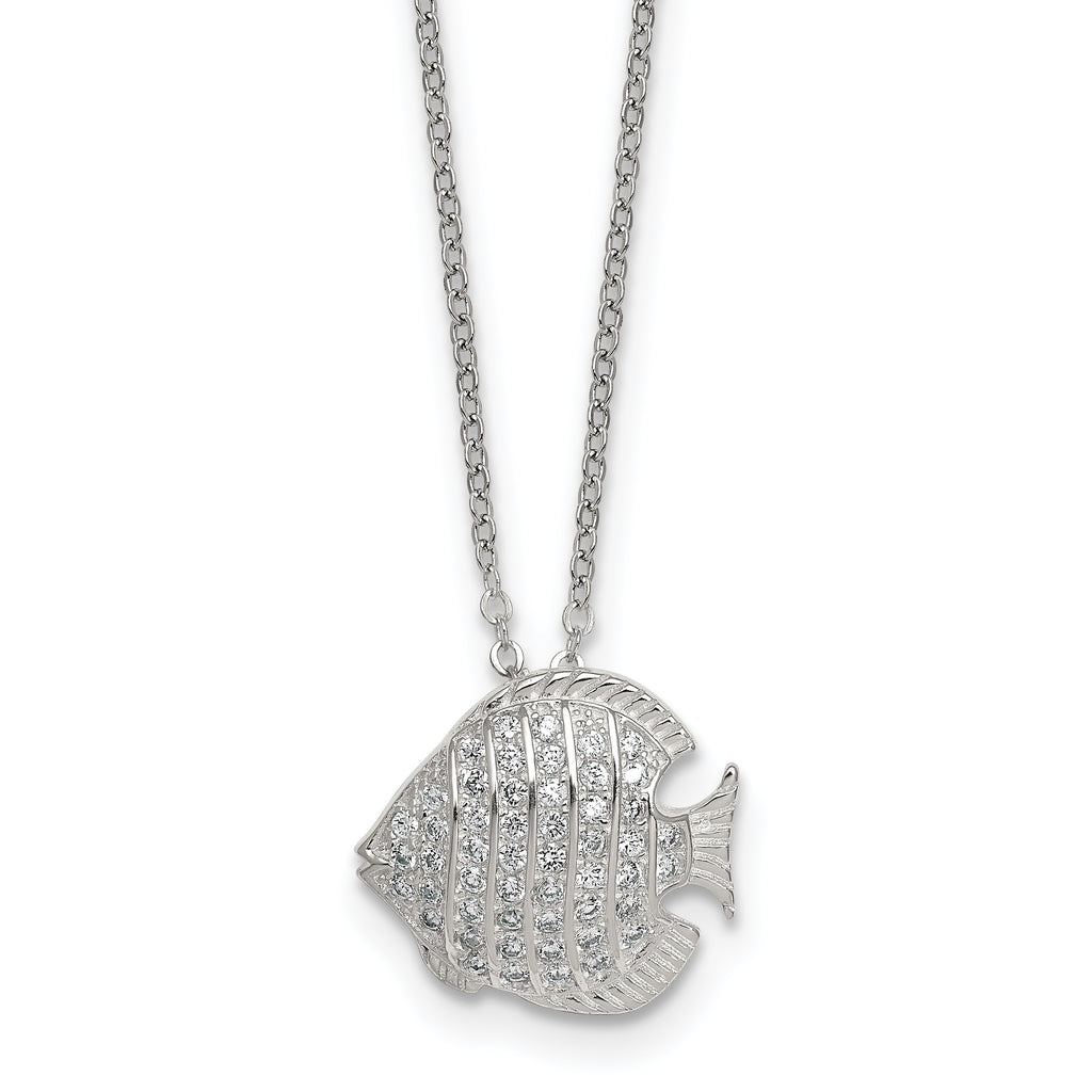 Sterling Silver Polished and Grooved CZ Fish 16 Inch with 2 Inch Extension Necklace