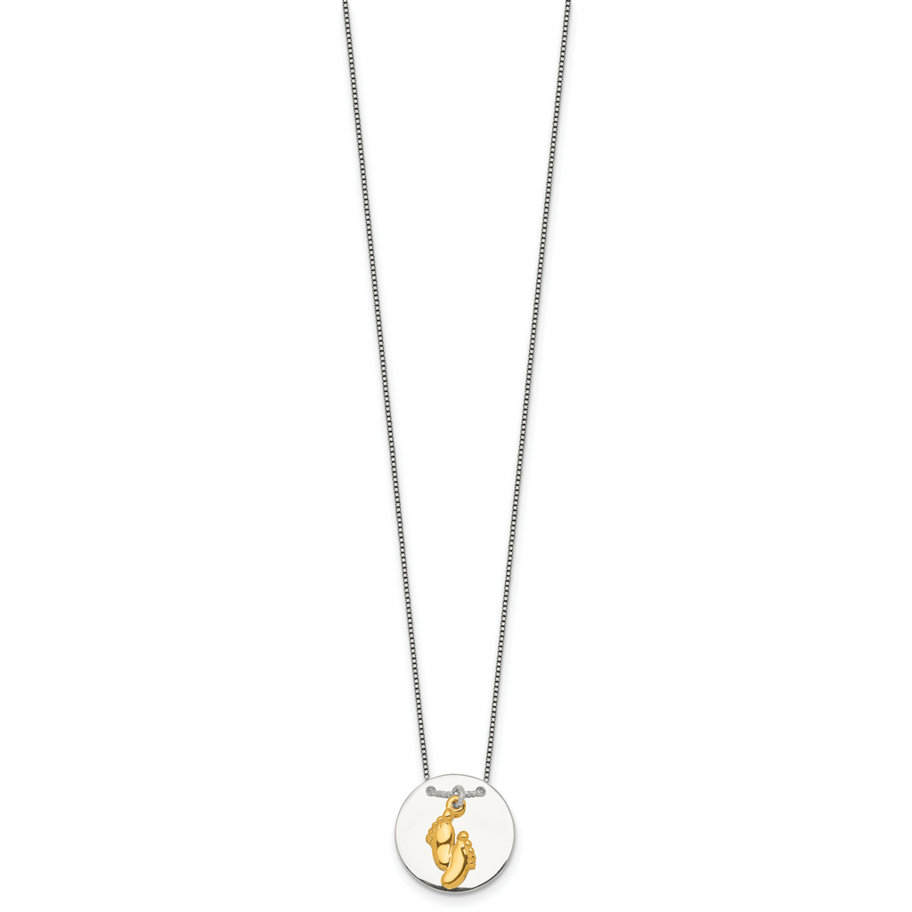 Sterling Silver with Gold-tone Polished Footprint Dangle on Disc 16 inch Necklace